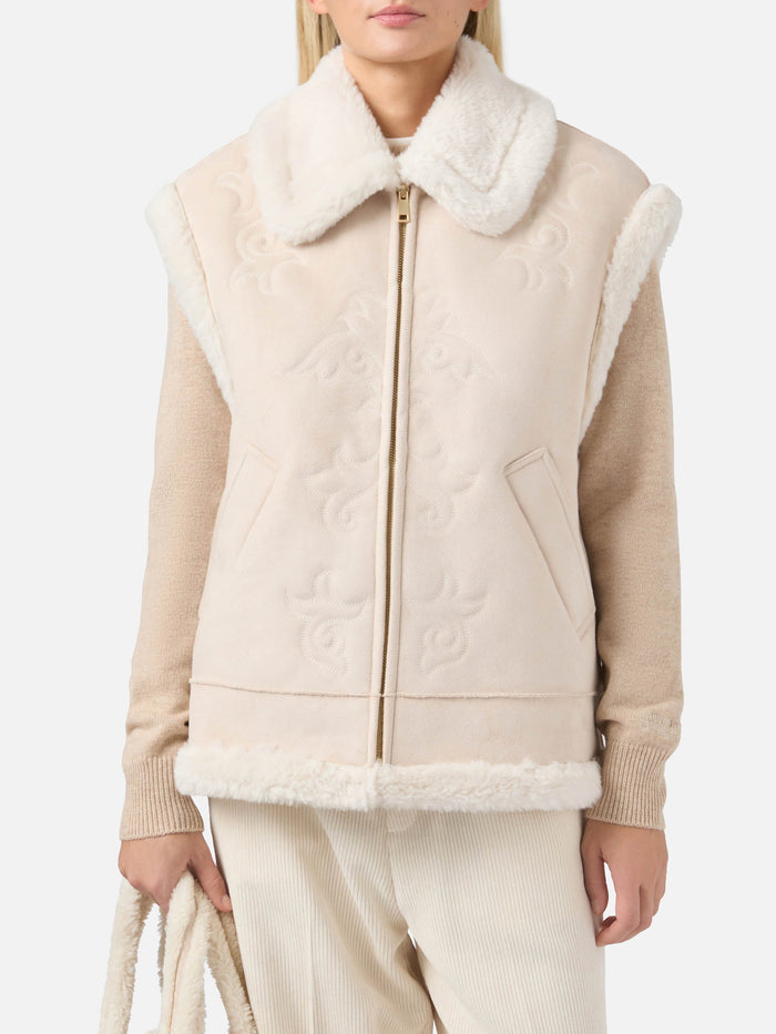Hesketh Faux-Shearling Gilet With Western Embroidery Beige Jacket