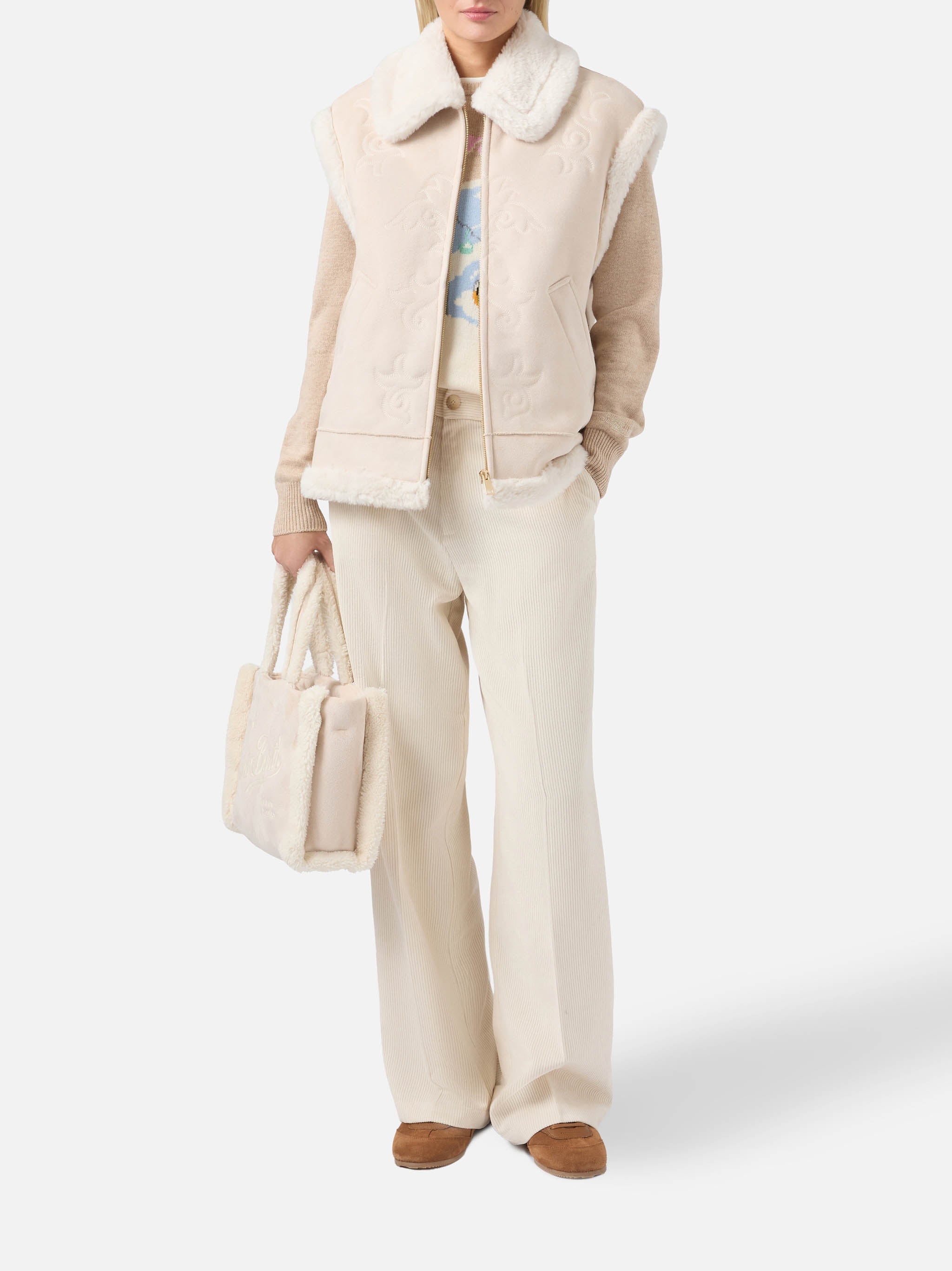 Hesketh Faux-Shearling Gilet With Western Embroidery Beige Jacket