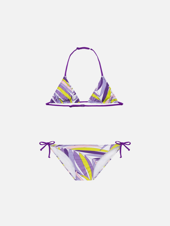 Girl Triangle Bikini With Palms Leaves Pink