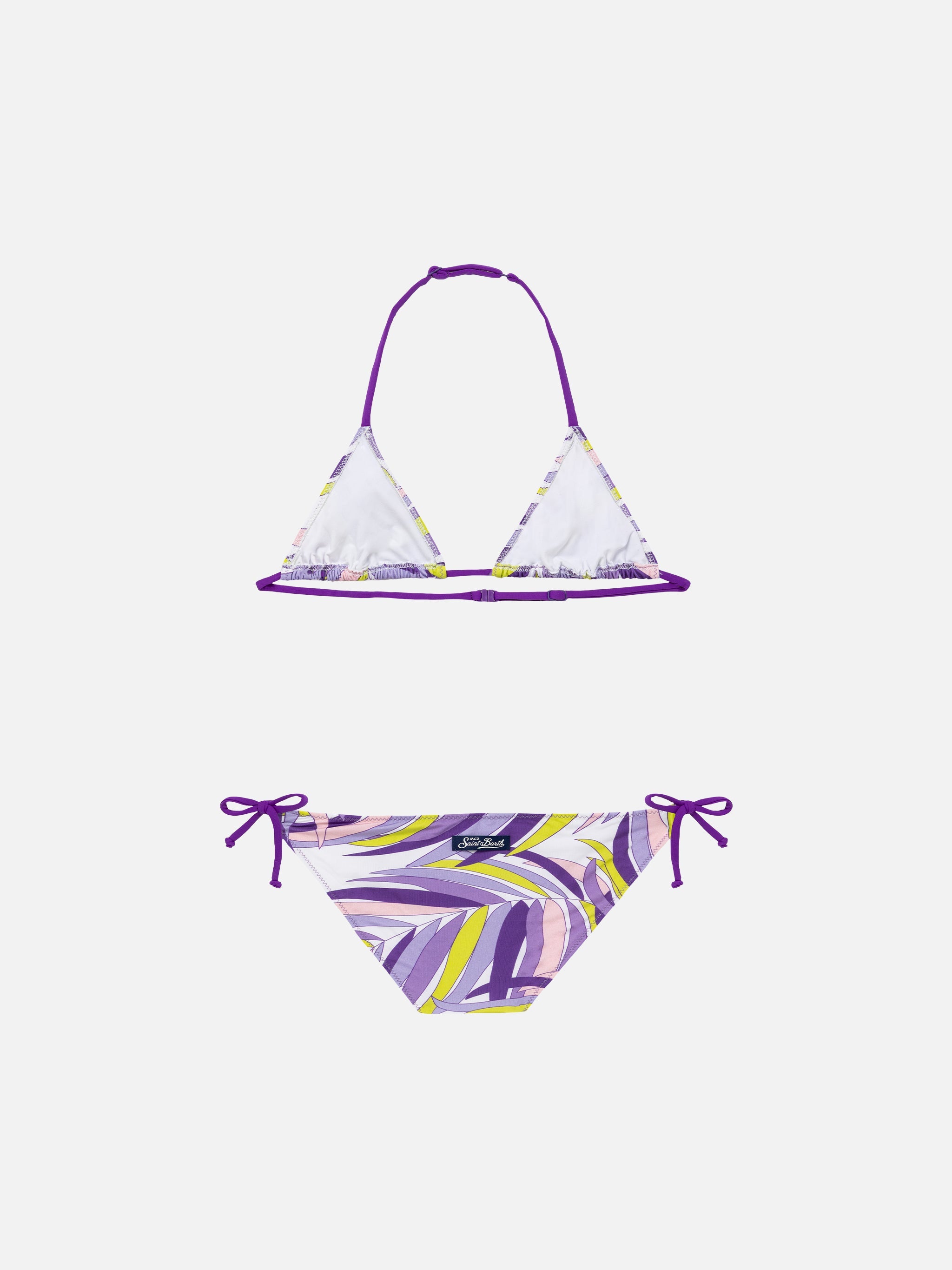 Girl Triangle Bikini With Palms Leaves Pink