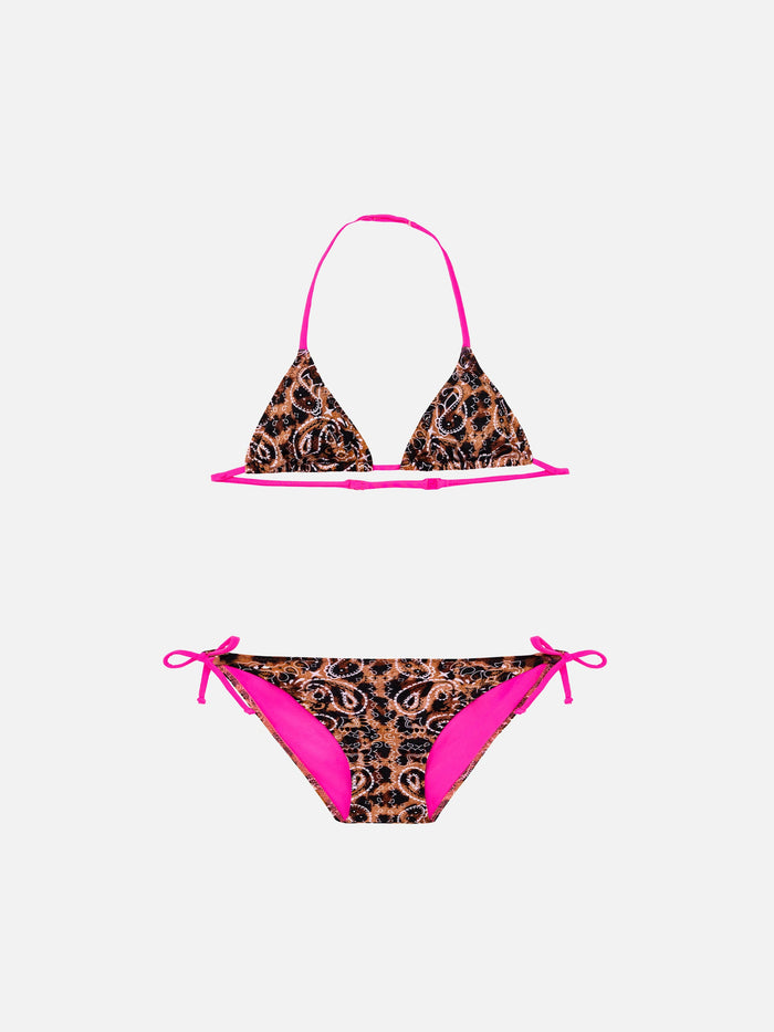 Girl Triangle Bikini With Leo Bandanna Print Yellow
