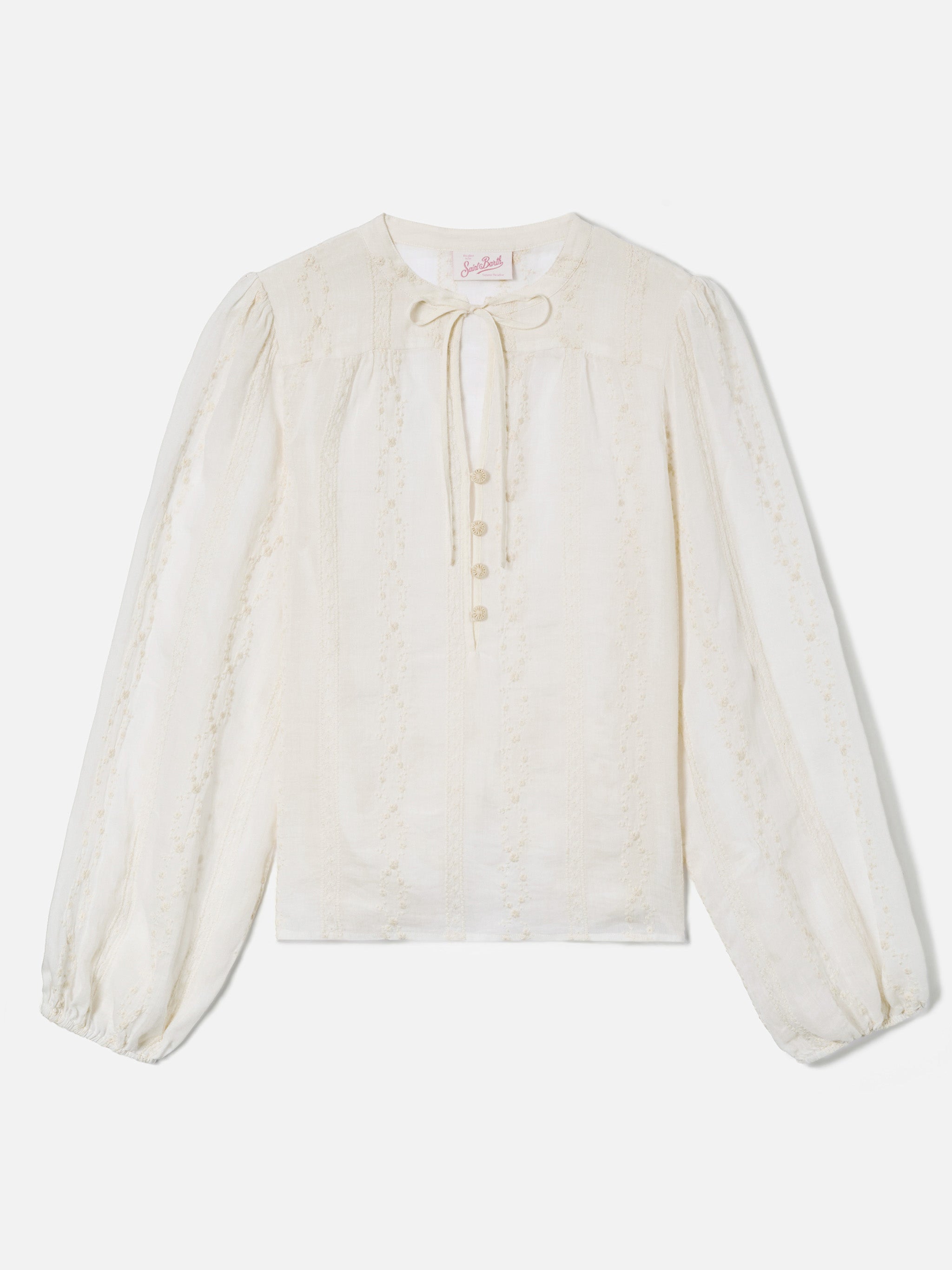 Beige Ramie Harper Blouse With Embroidered Motif White Shirt