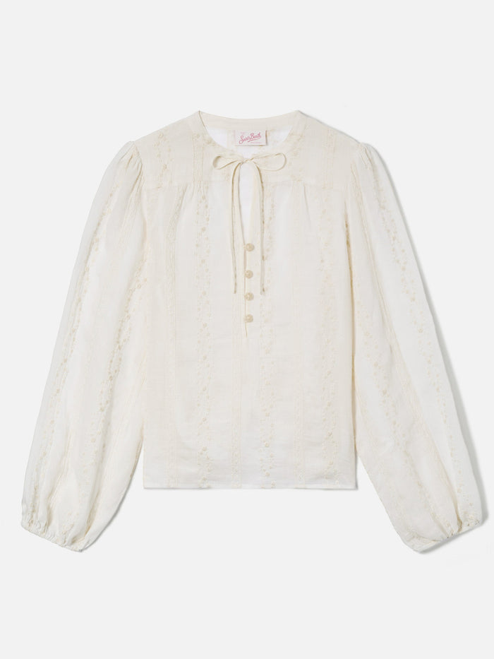 Beige Ramie Harper Blouse With Embroidered Motif White Shirt