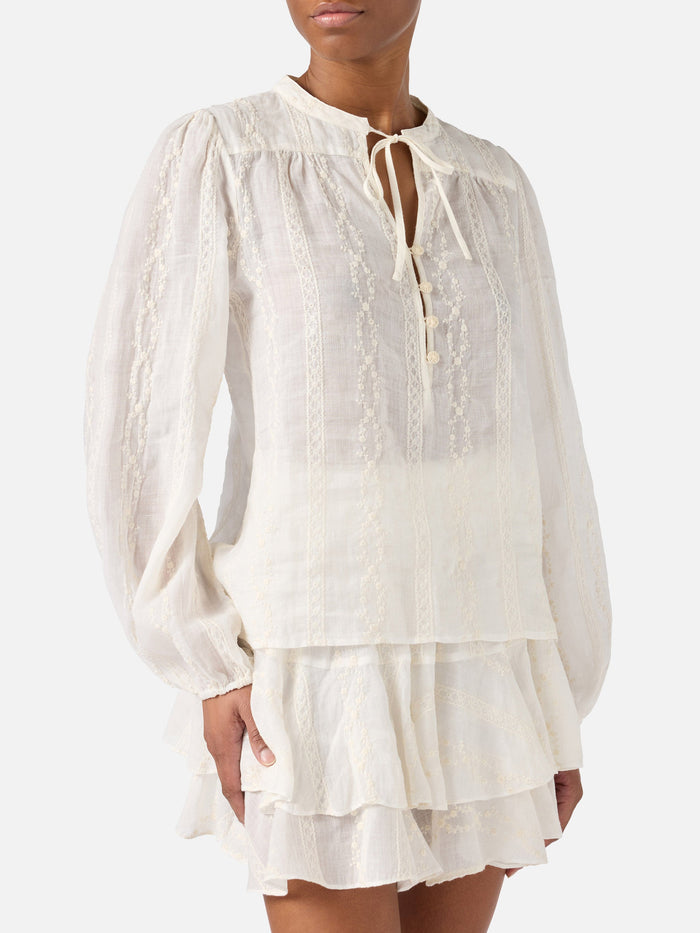 Beige Ramie Harper Blouse With Embroidered Motif White Shirt