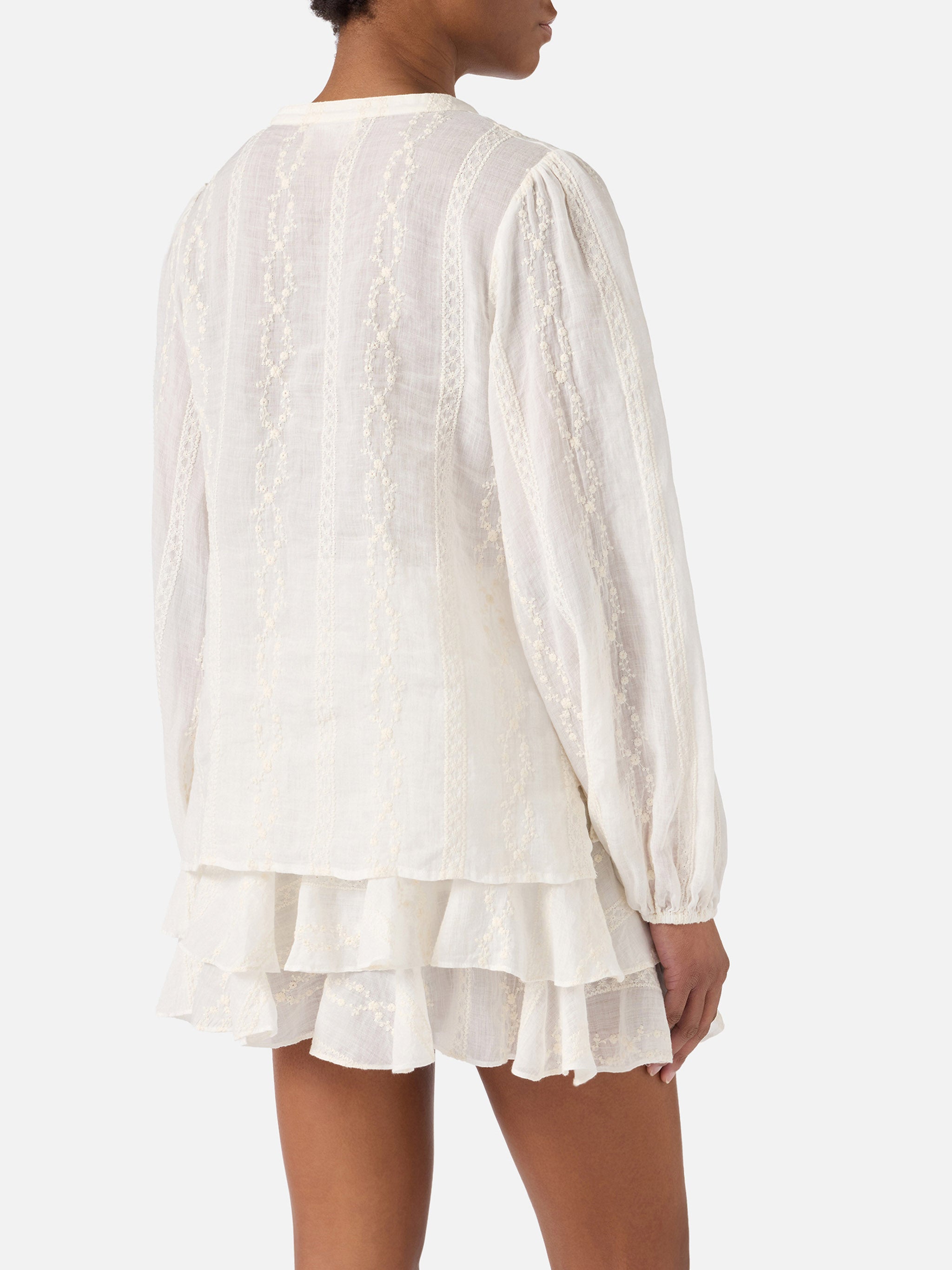 Beige Ramie Harper Blouse With Embroidered Motif White Shirt