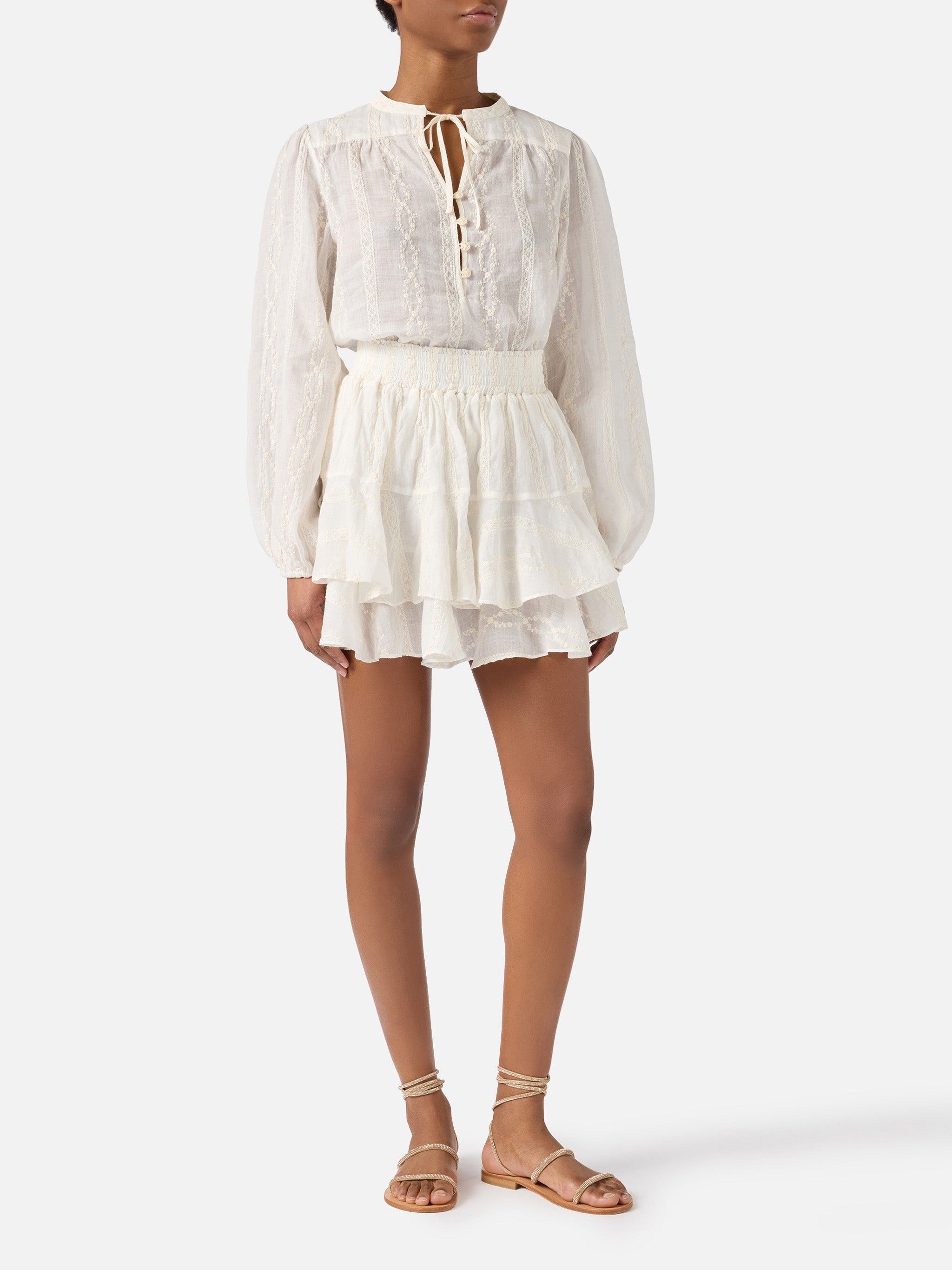 Beige Ramie Harper Blouse With Embroidered Motif White Shirt