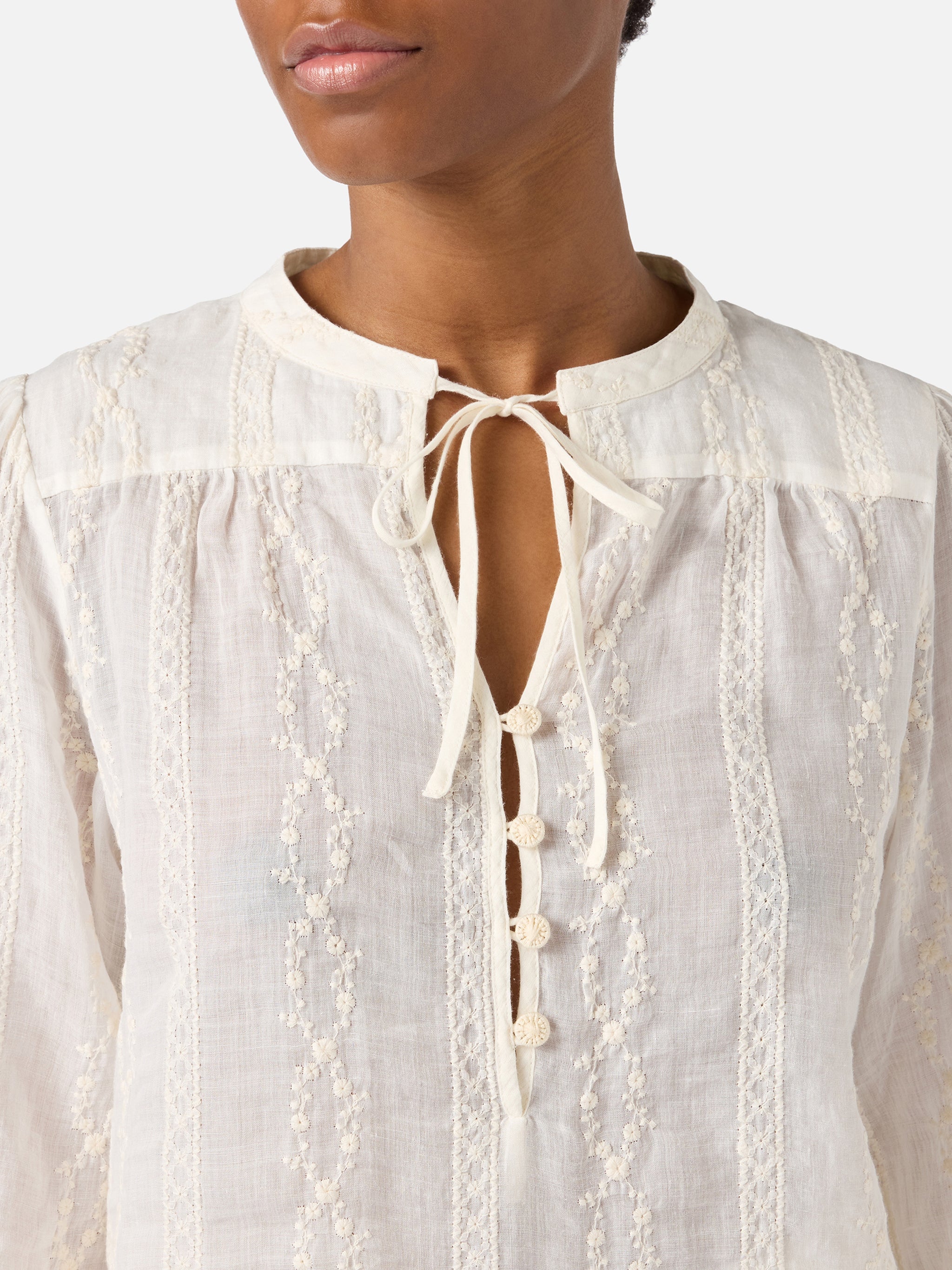 Beige Ramie Harper Blouse With Embroidered Motif White Shirt