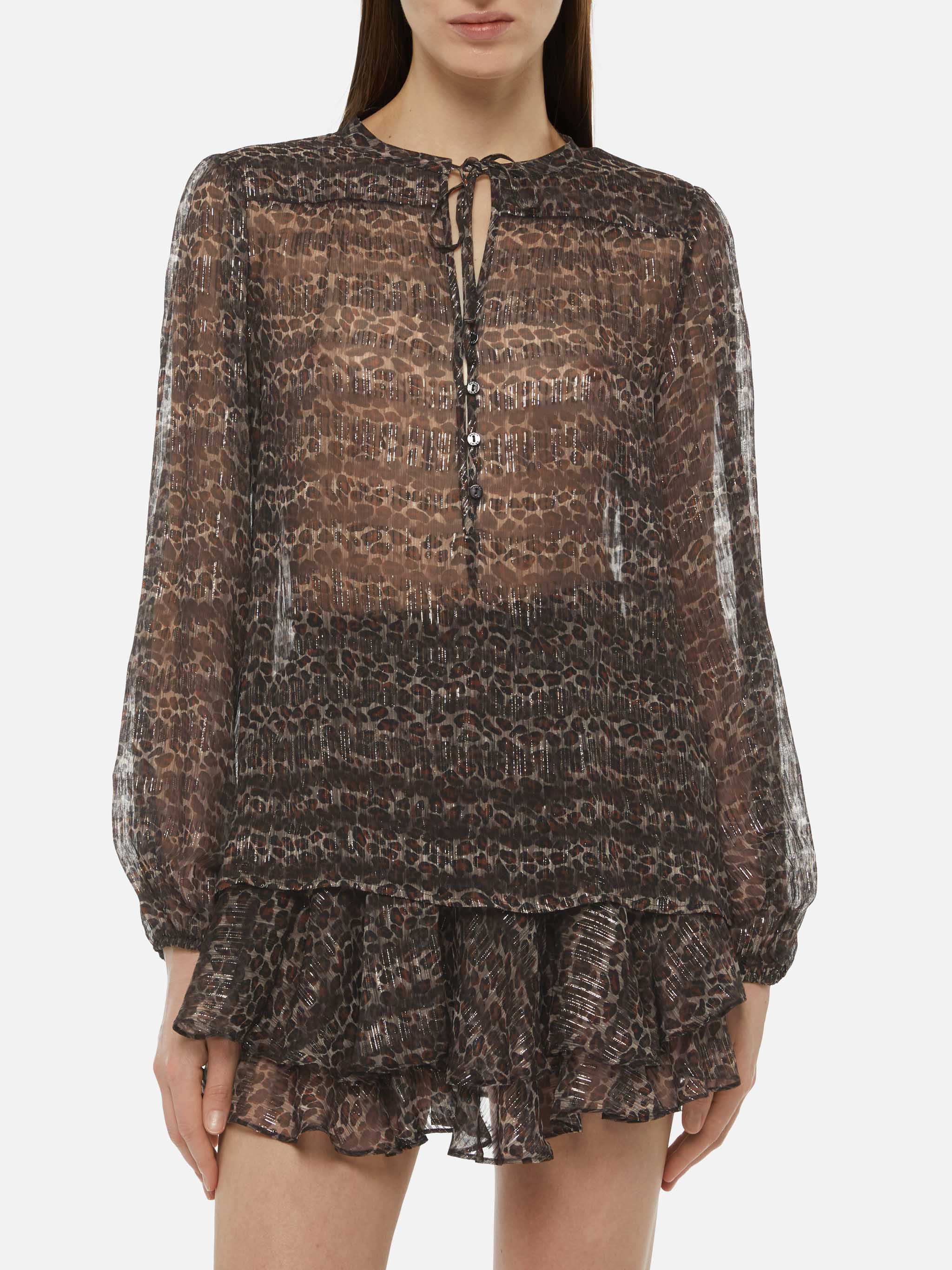 Harper Silk Voile Blouse Lurex With Animalier Print Brown Shirt