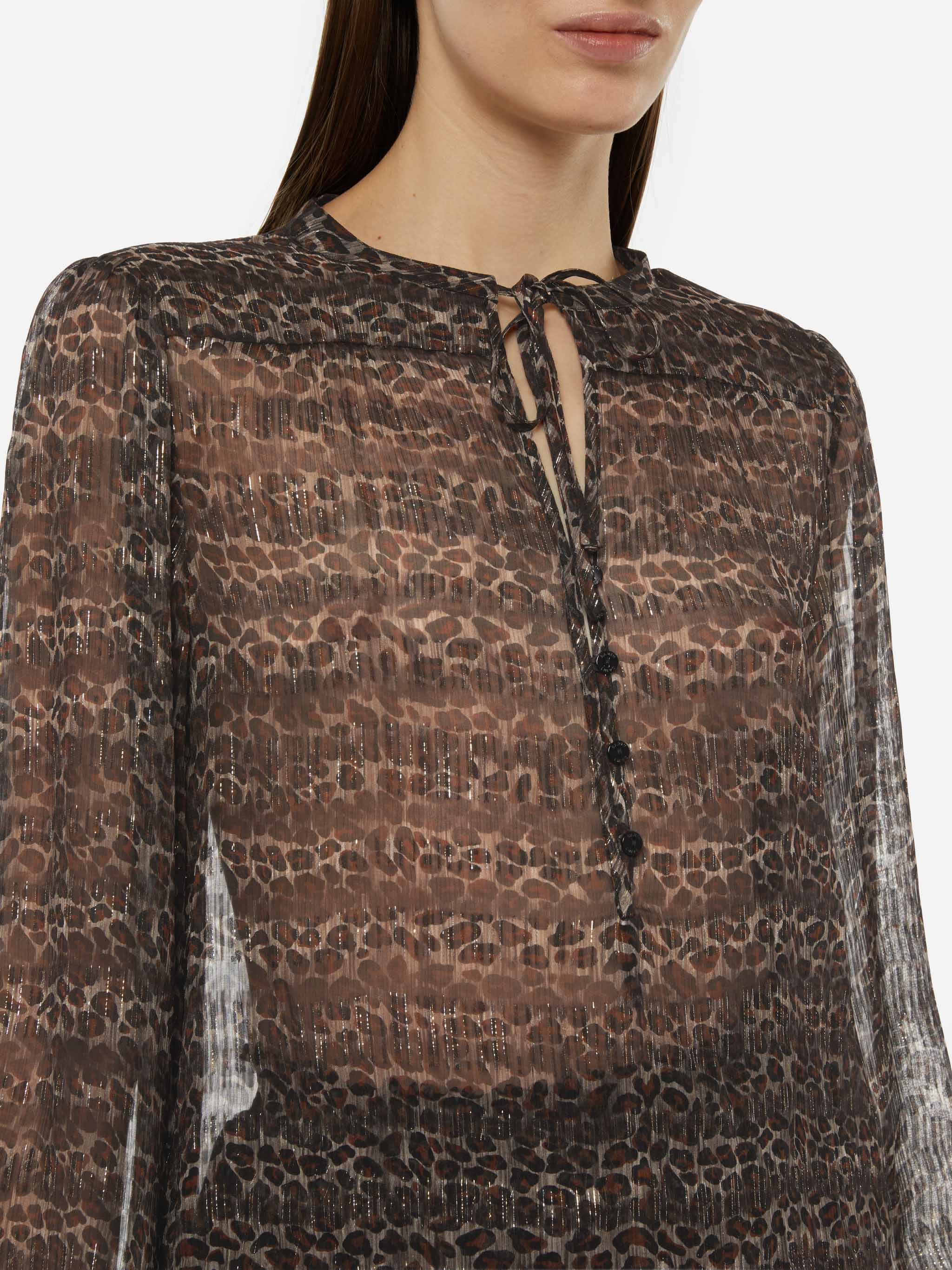 Harper Silk Voile Blouse Lurex With Animalier Print Brown Shirt
