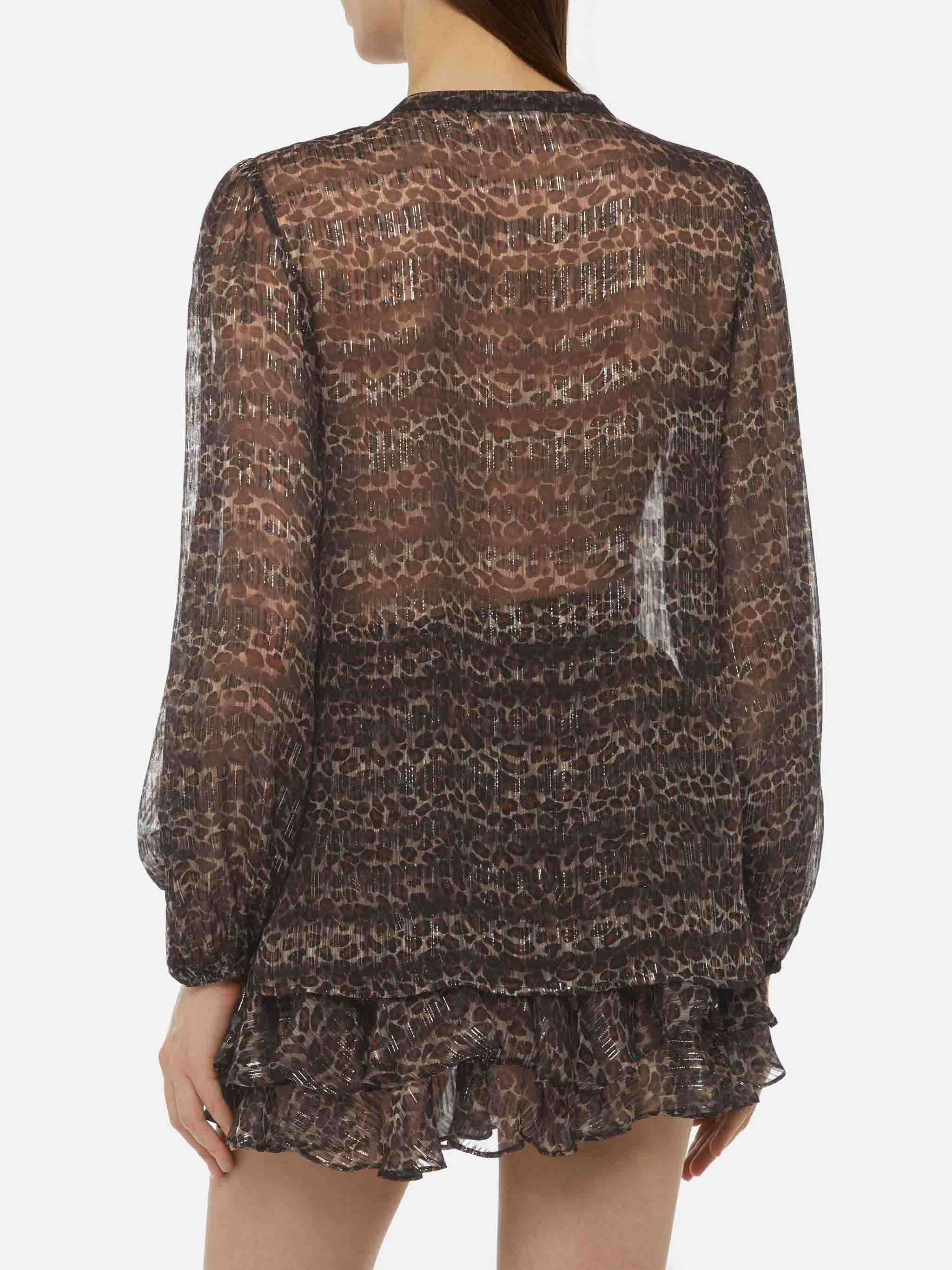 Harper Silk Voile Blouse Lurex With Animalier Print Brown Shirt