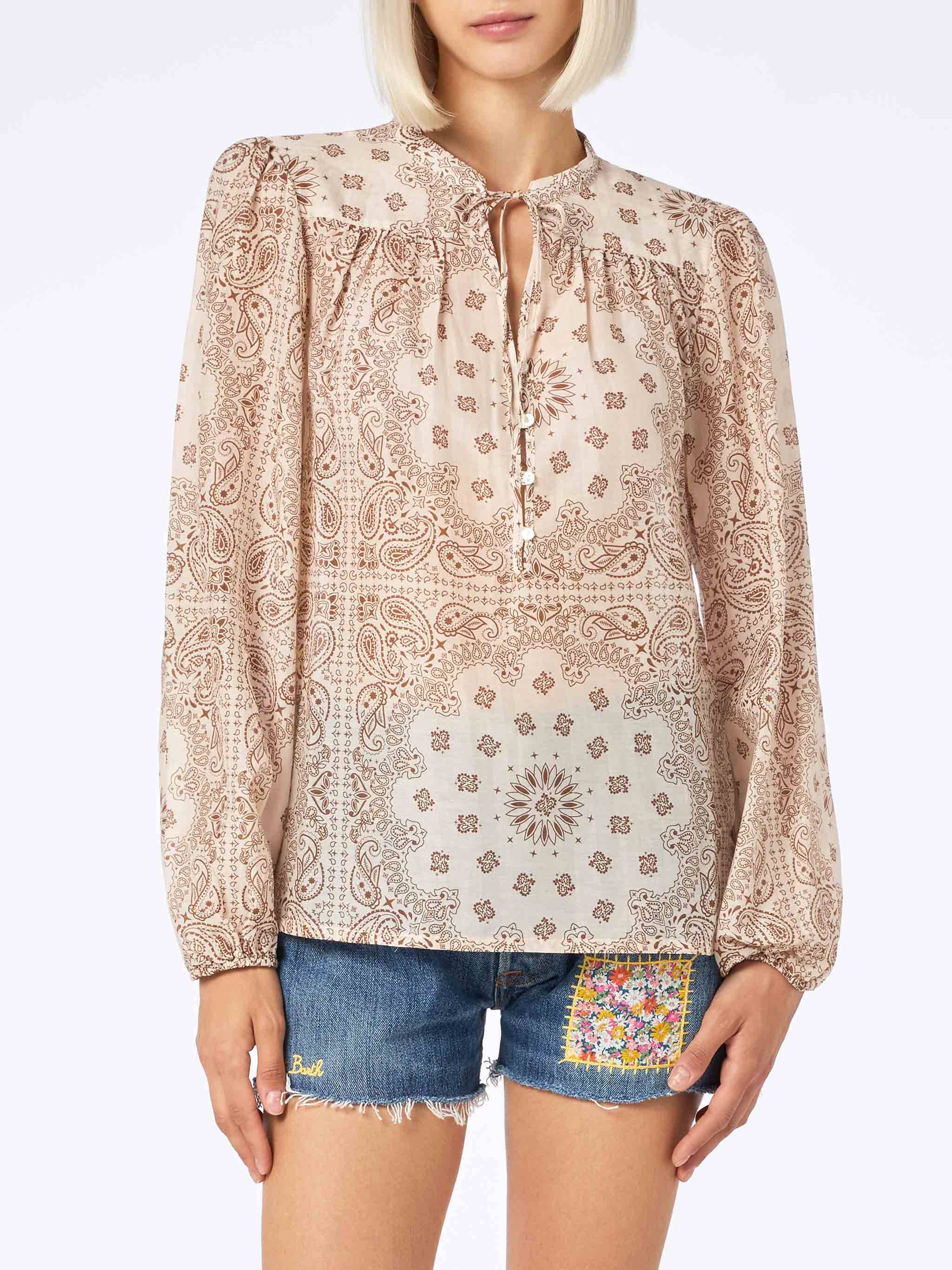 Harper Silk Blouse With Bandanna Print White Shirt