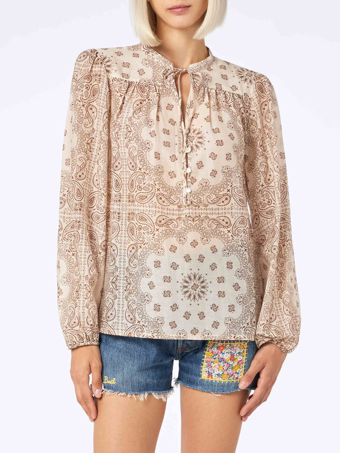 Harper Silk Blouse With Bandanna Print White Shirt