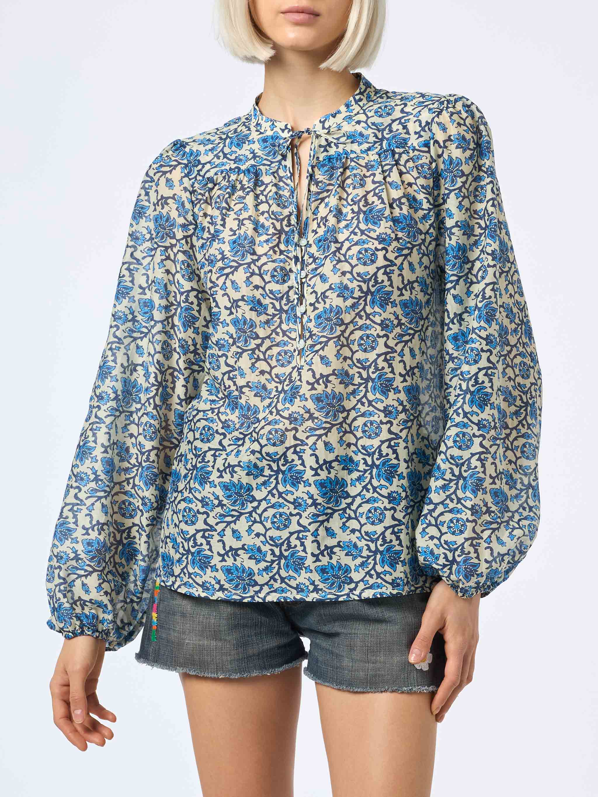 Ajrakh Print Silk Voile Harper Blouse White Shirt