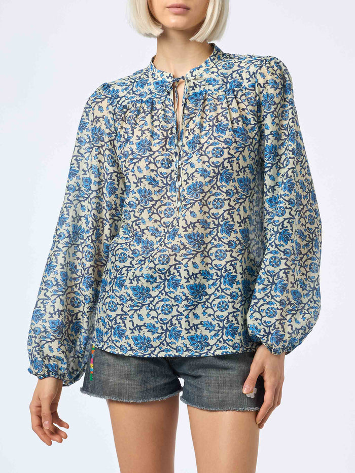 Ajrakh Print Silk Voile Harper Blouse White Shirt