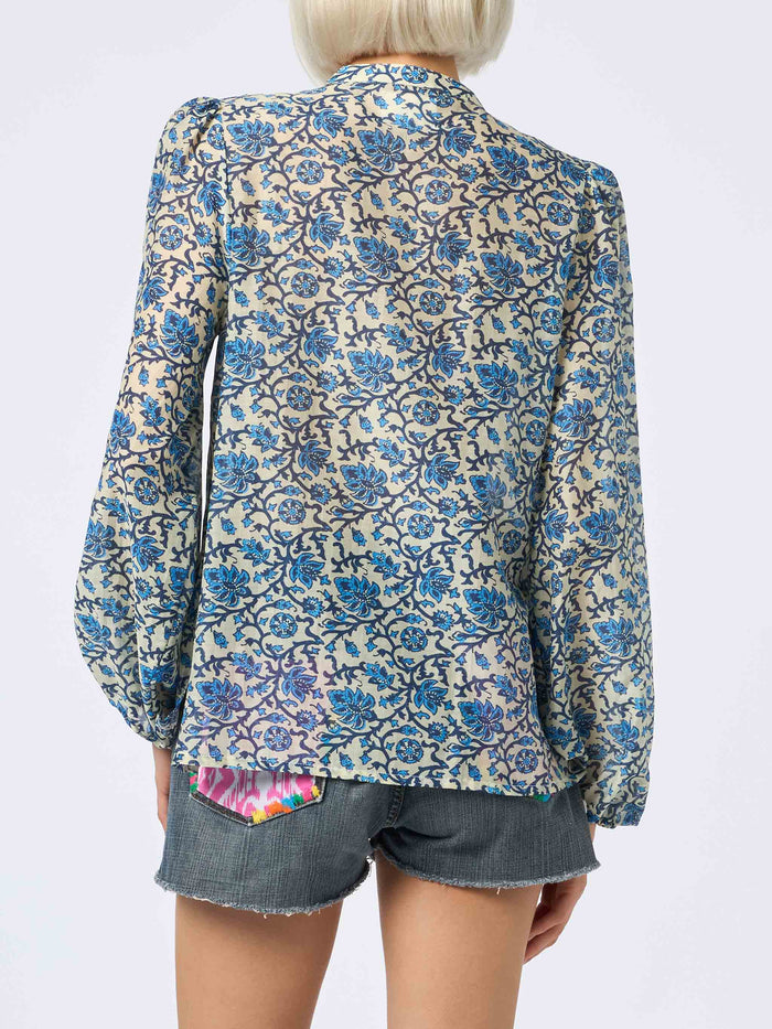 Ajrakh Print Silk Voile Harper Blouse White Shirt