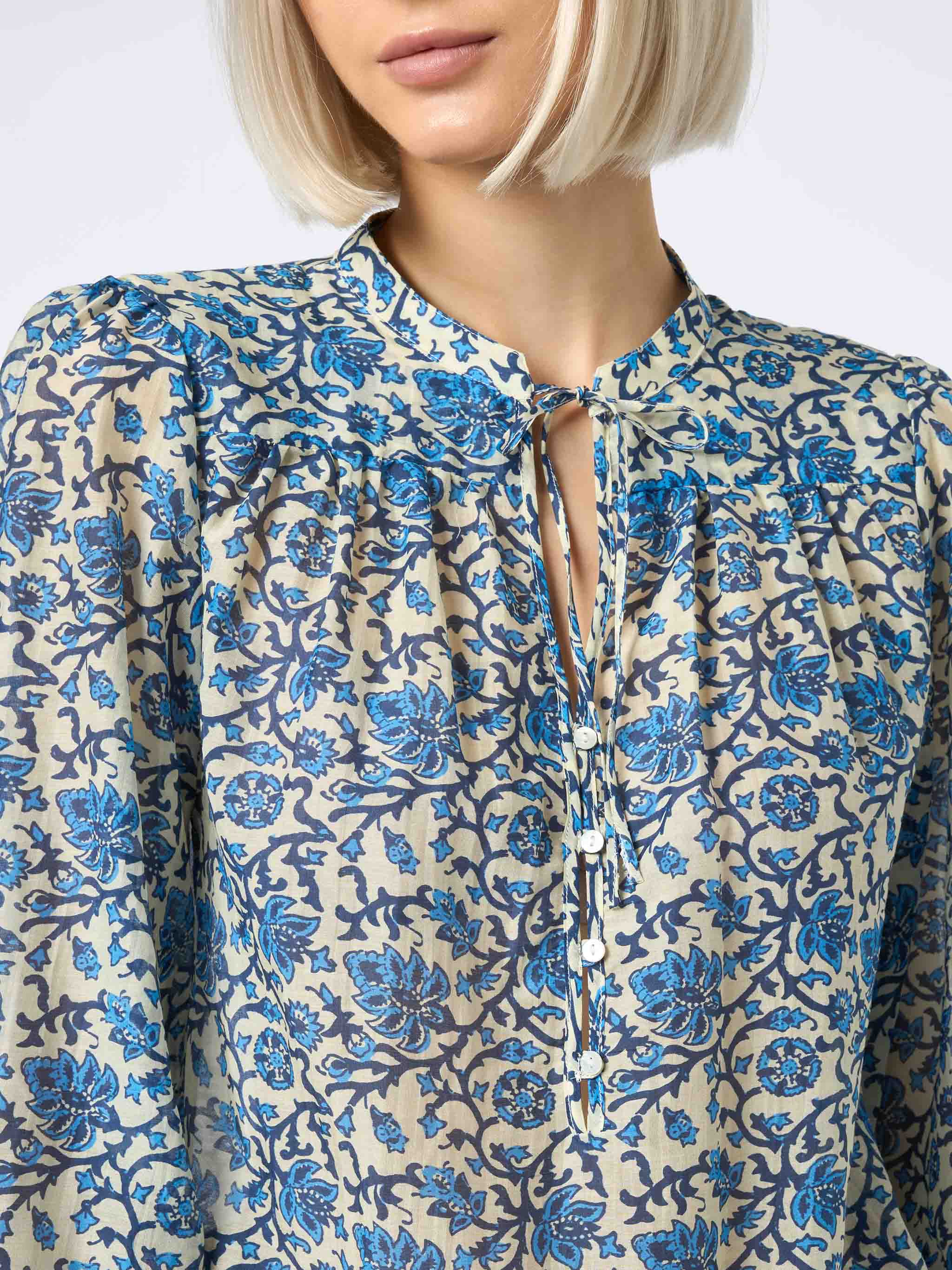 Ajrakh Print Silk Voile Harper Blouse White Shirt