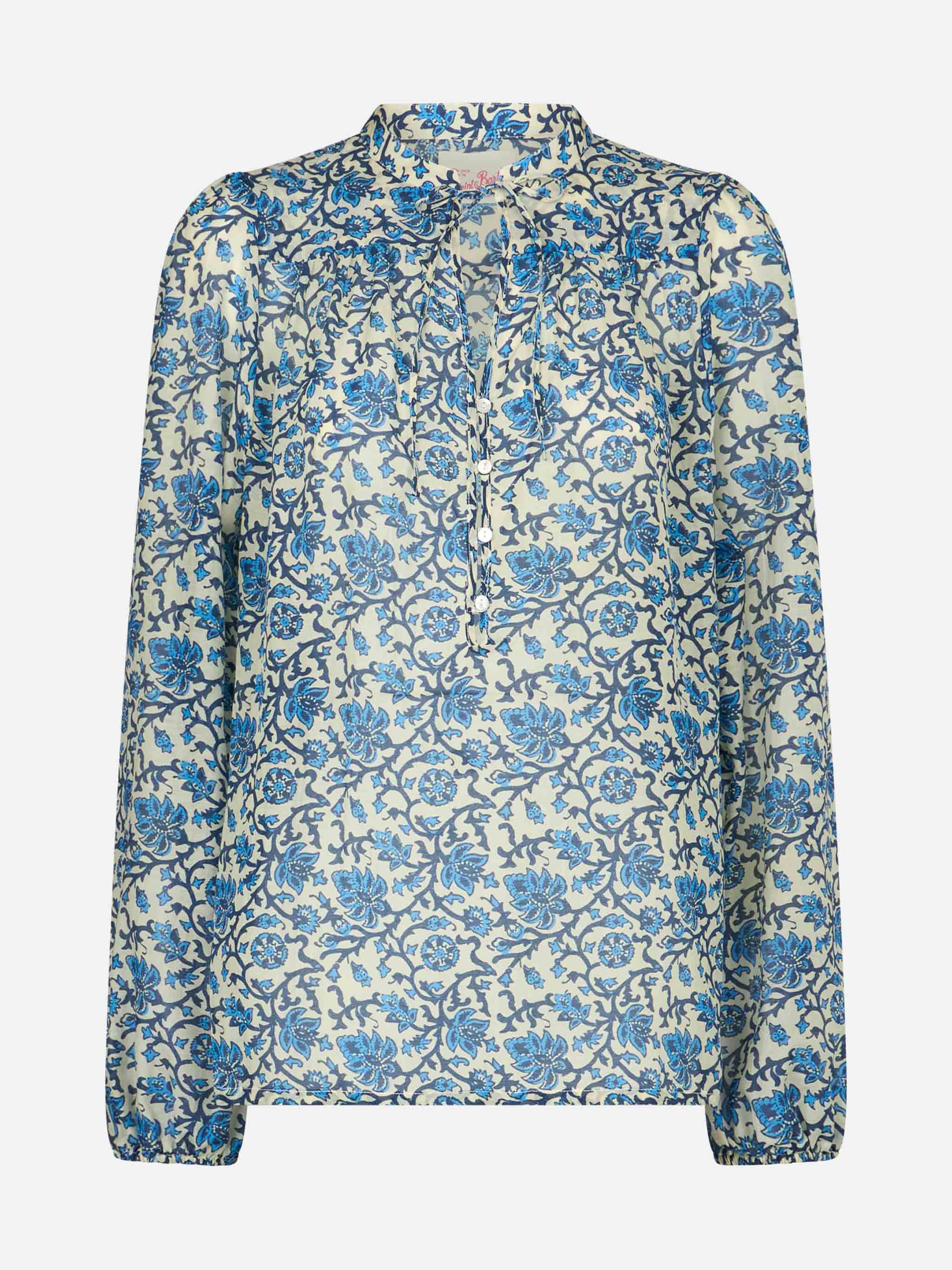 Ajrakh Print Silk Voile Harper Blouse White Shirt