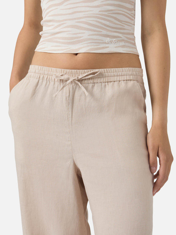 Beige Irma Linen Trousers With Frayed Hem Brown Pant