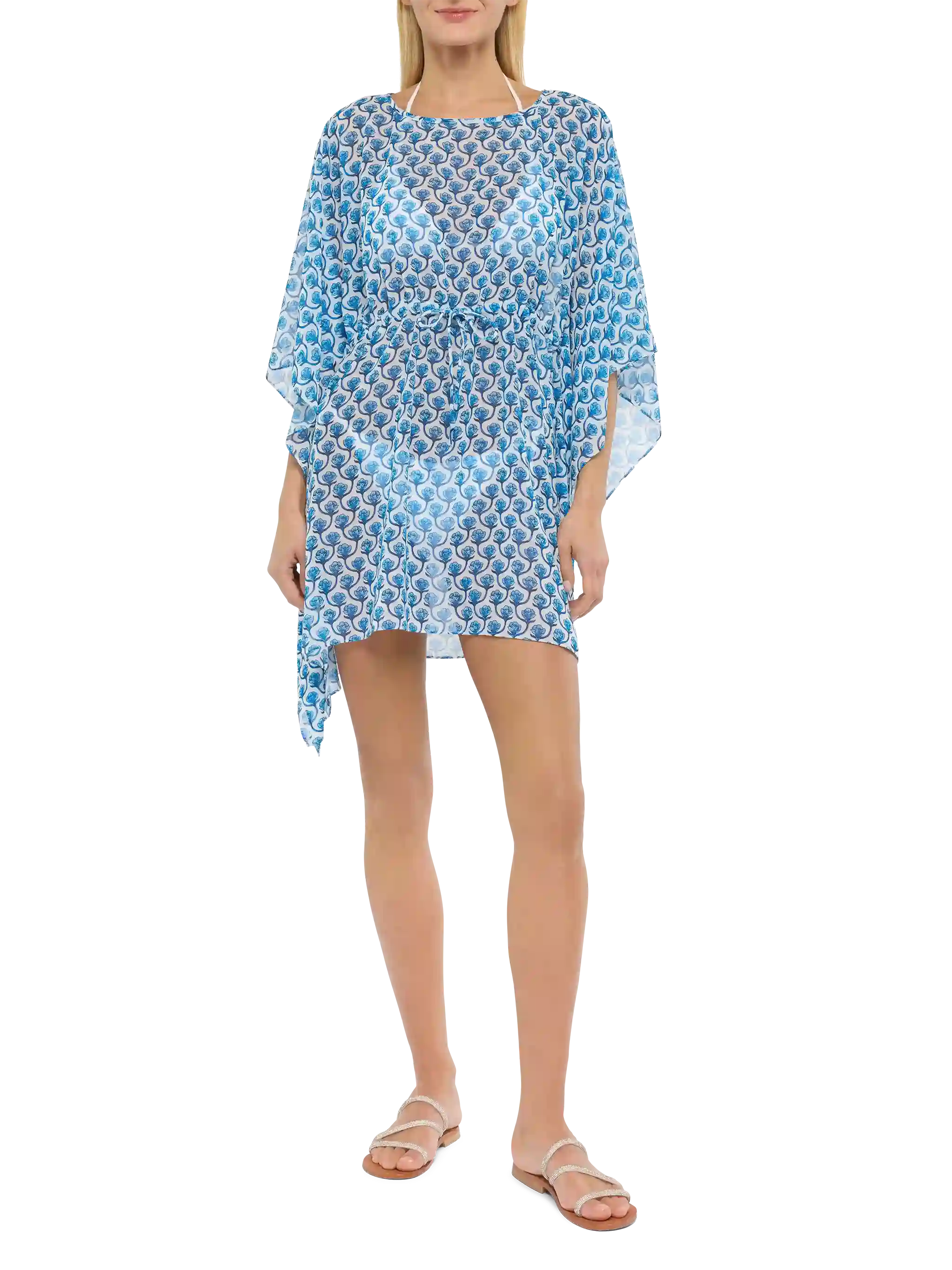 Iria Cotton Silk Kaftan With Floral Print White Sarong