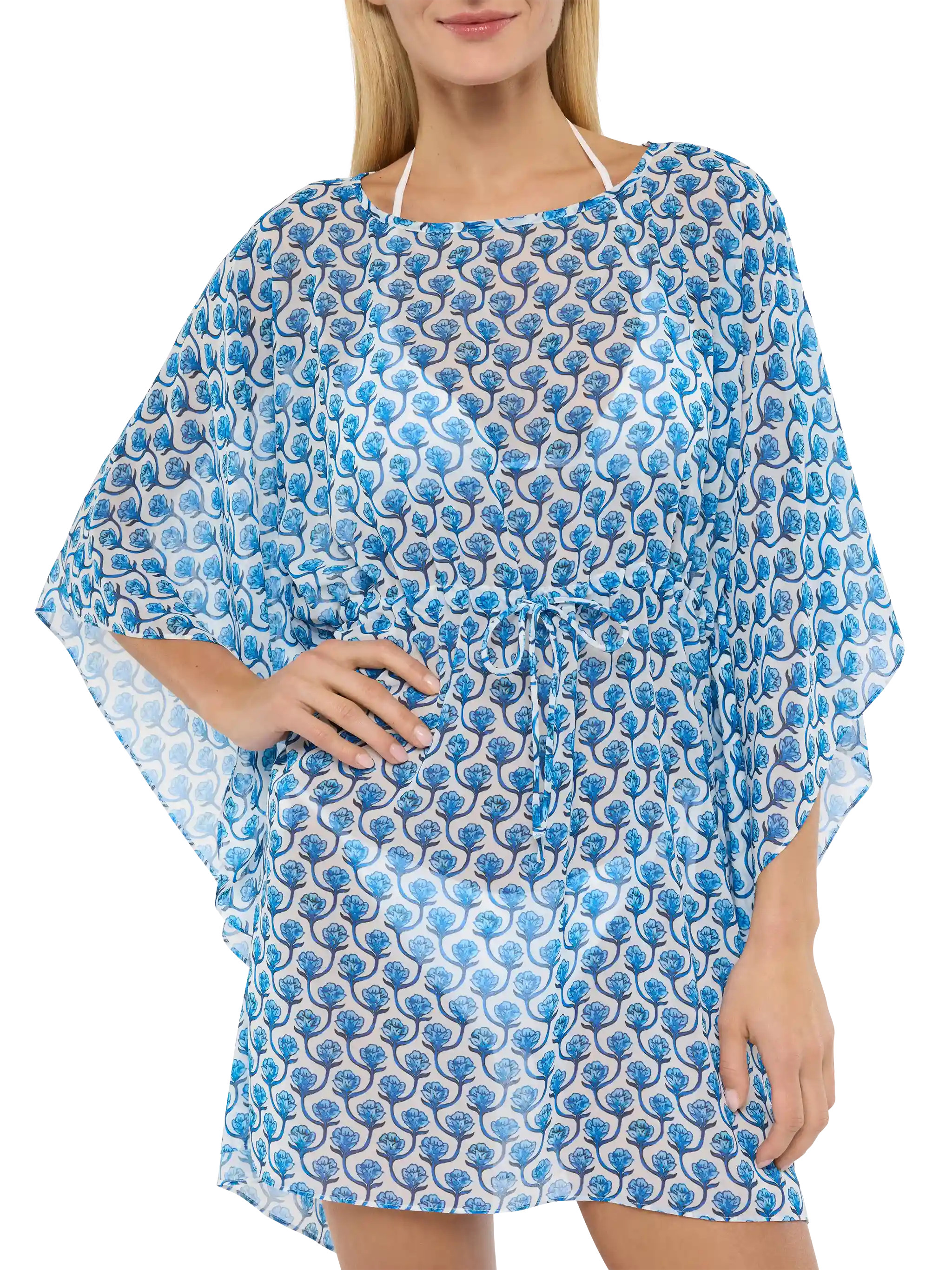 Iria Cotton Silk Kaftan With Floral Print White Sarong