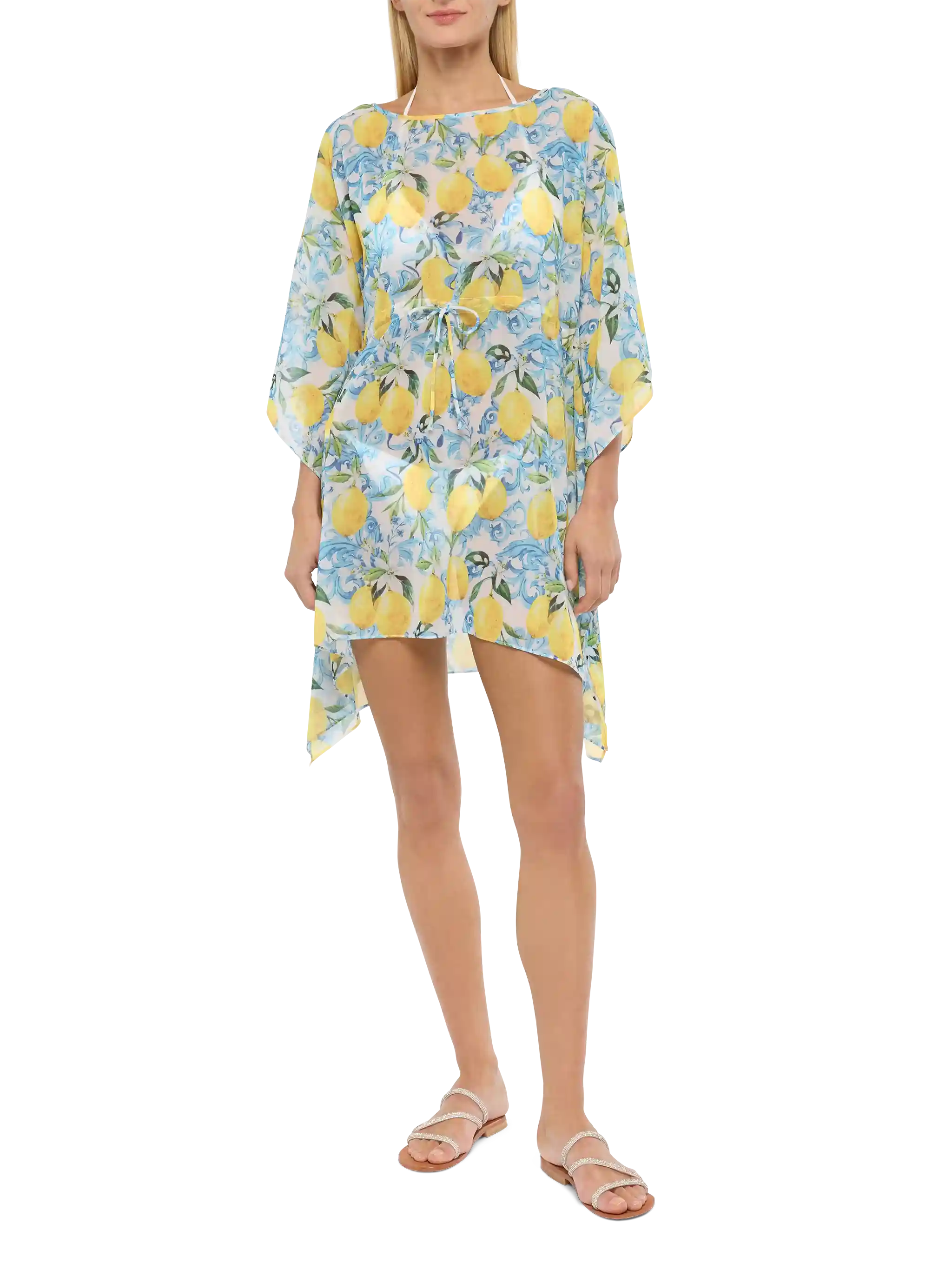 Iria Cotton Silk Kaftan With Majolica Print White Sarong