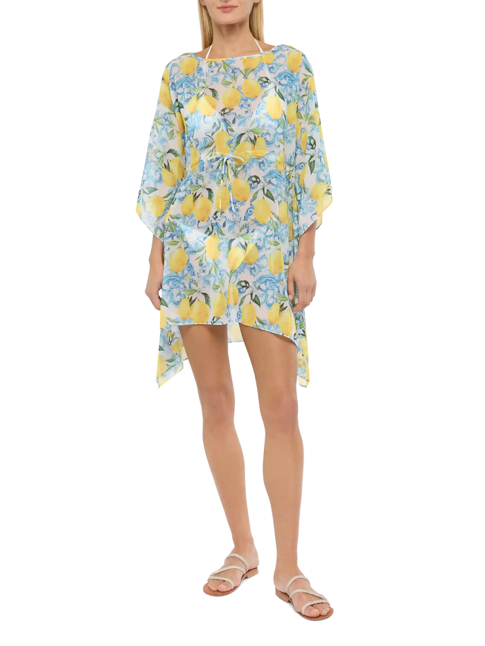 Iria Cotton Silk Kaftan With Majolica Print White Sarong