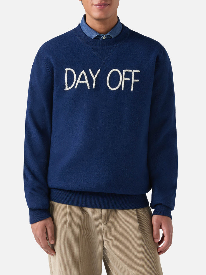 Man Crewneck Knitted Sweater With Day Off Embroidery Blue