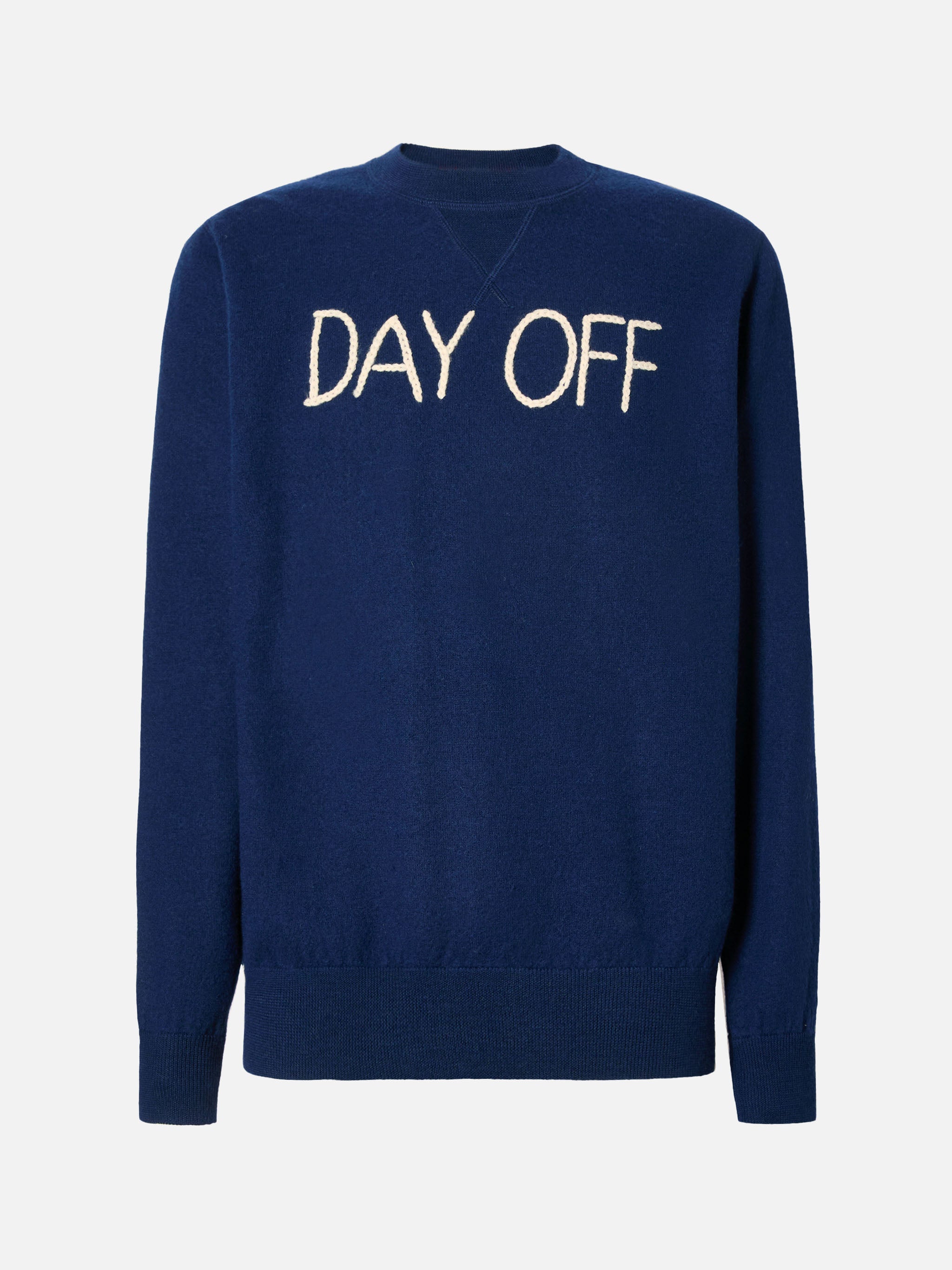 Man Crewneck Knitted Sweater With Day Off Embroidery Blue