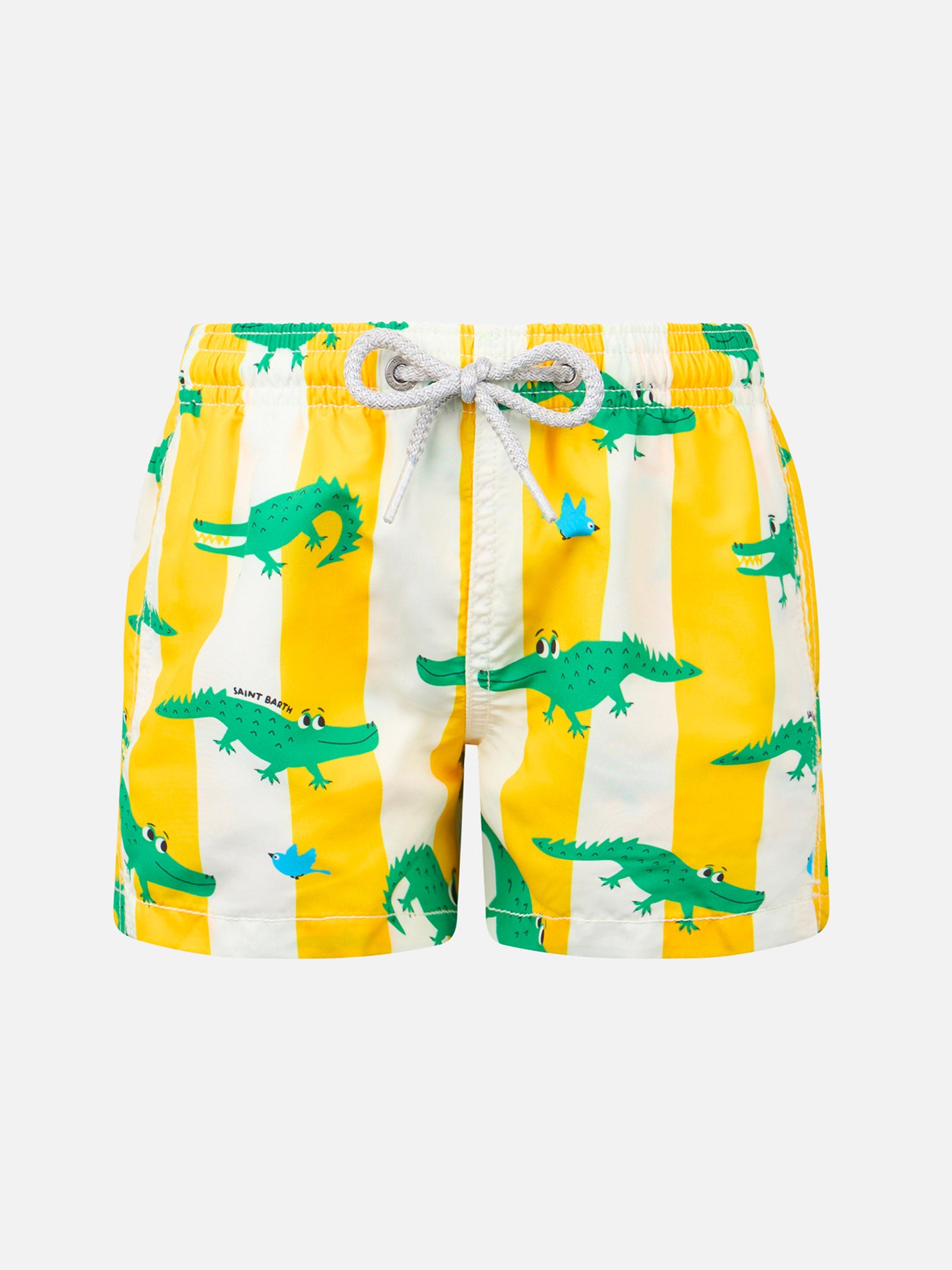 Boy Mid-Length Jean Swim-Shorts With Crocodile Print Yellow Swimshort