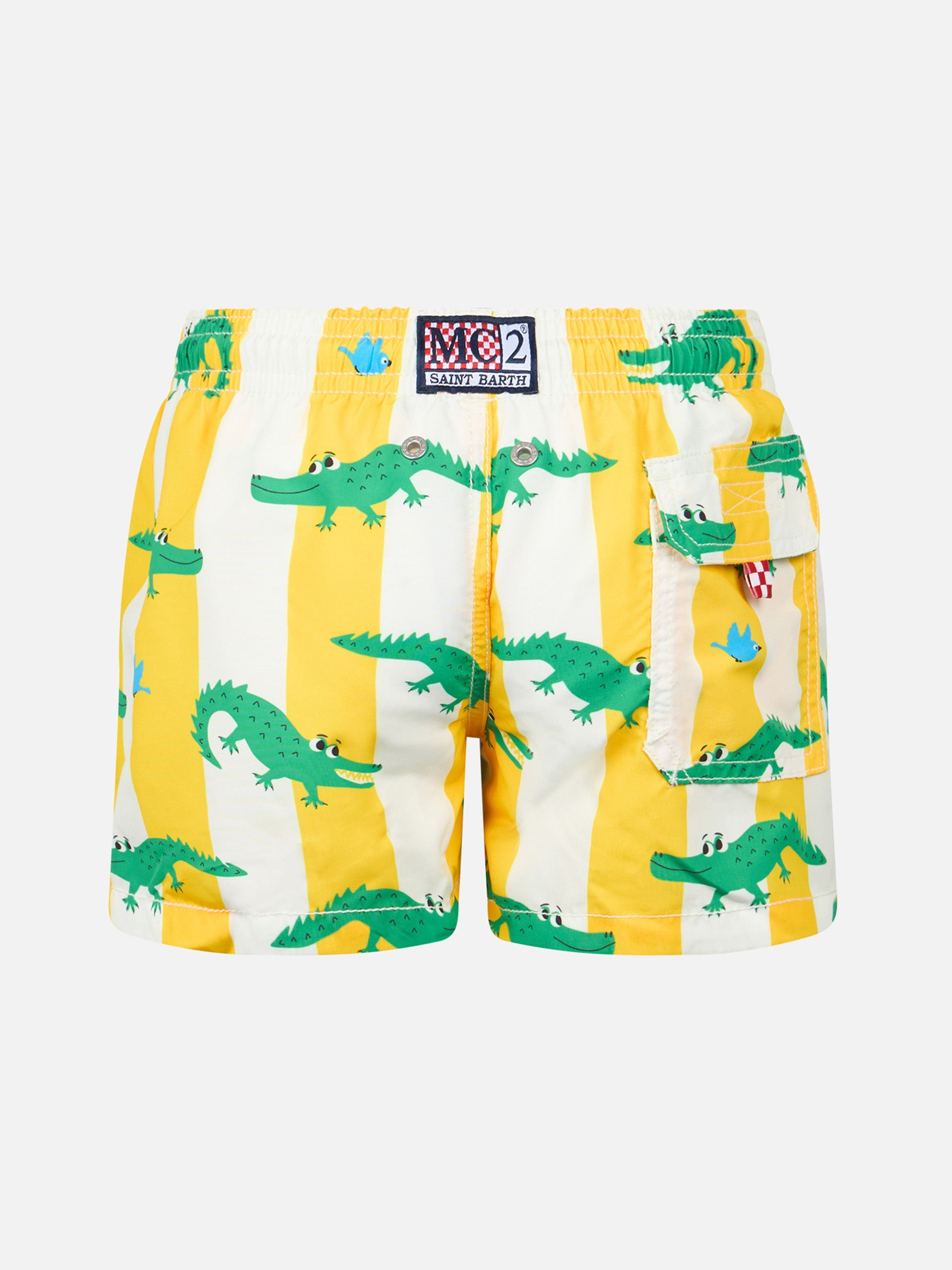 Boy Mid-Length Jean Swim-Shorts With Crocodile Print Yellow Swimshort