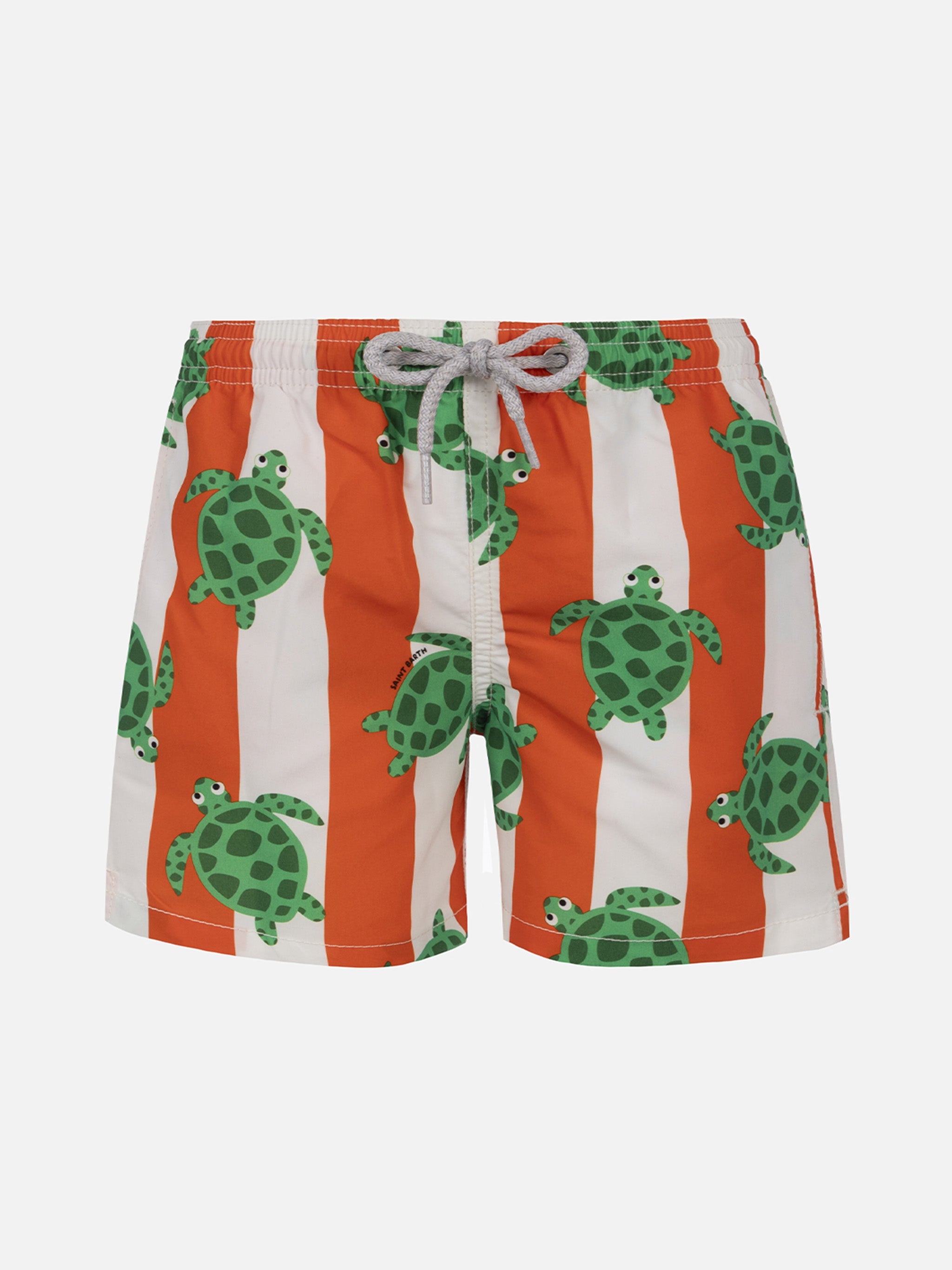 Boy Mid-Length Jean Swim-Shorts With Sea Turtle Print Orange Swimshort