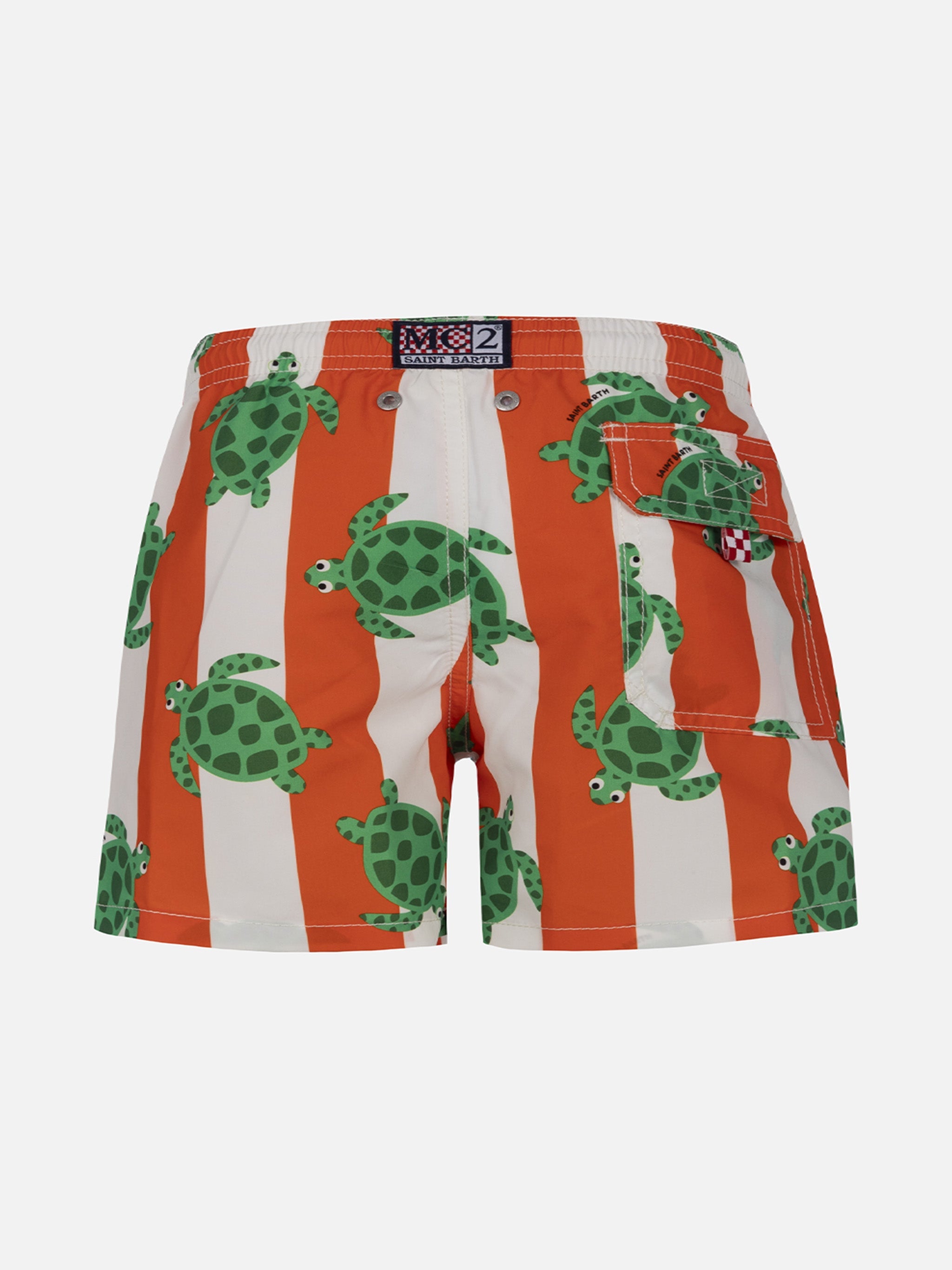 Boy Mid-Length Jean Swim-Shorts With Sea Turtle Print Orange Swimshort
