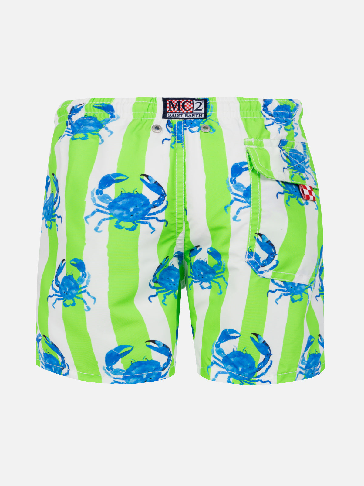 Boy Swim Shorts With White And Green Stripes Crabs Print Swimshort