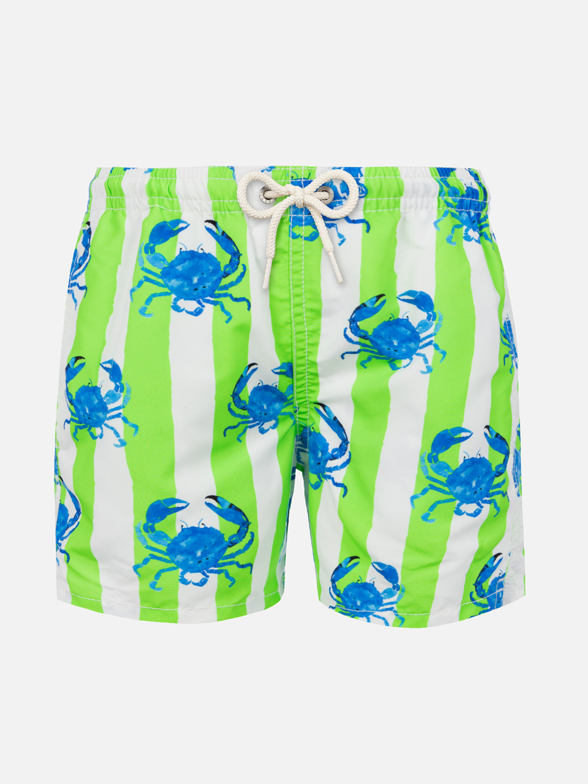 Boy Swim Shorts With White And Green Stripes Crabs Print Swimshort