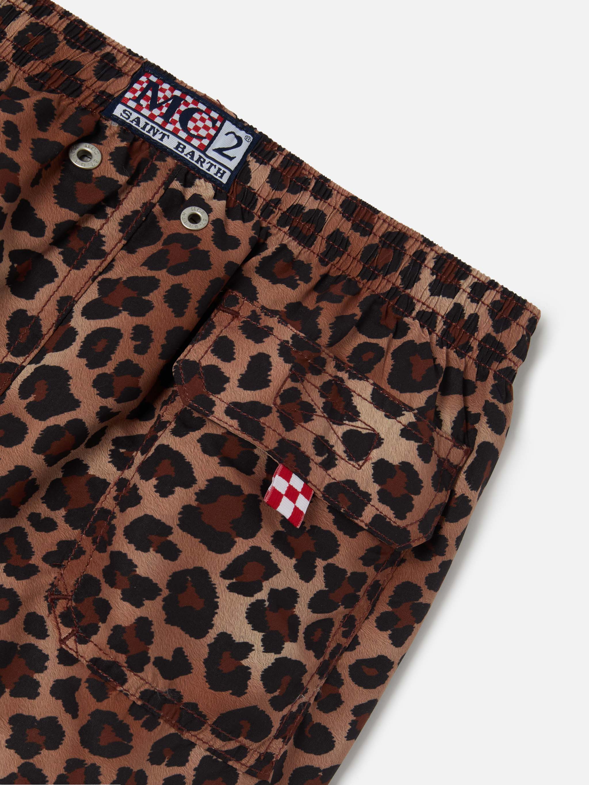 Jean Swim Shorts With Leopard Animalier Print Brown Swimshort