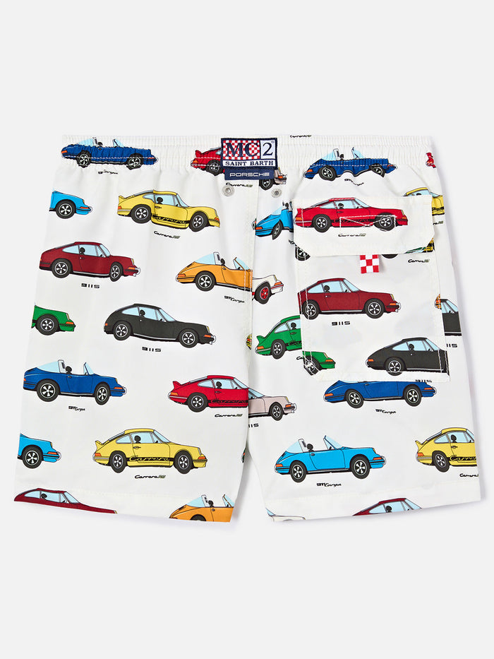 Jean Swim Shorts With All-Over Porsche Print | Special Edition White Swimshort