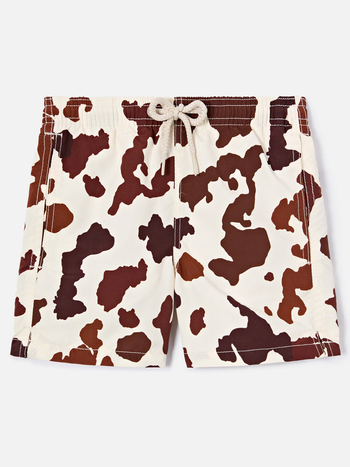 Jean Swim Shorts With Cow Animal Print Beige Swimshort