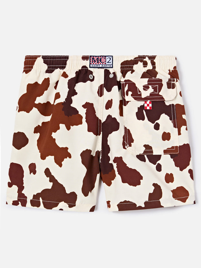 Jean Swim Shorts With Cow Animal Print Beige Swimshort