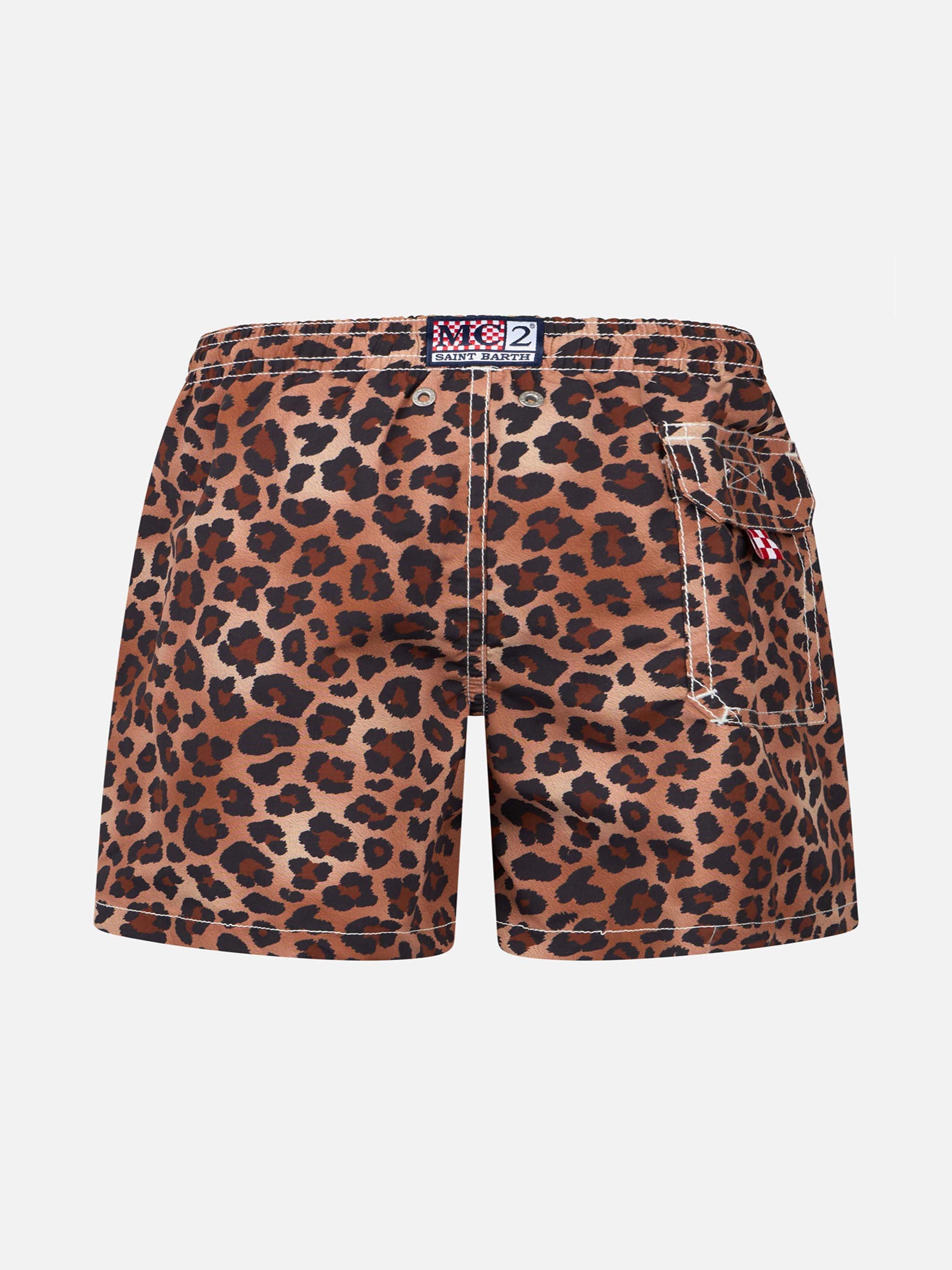 Boy Mid-Length Jean Swim-Shorts With Animalier Print Brown Swimshort
