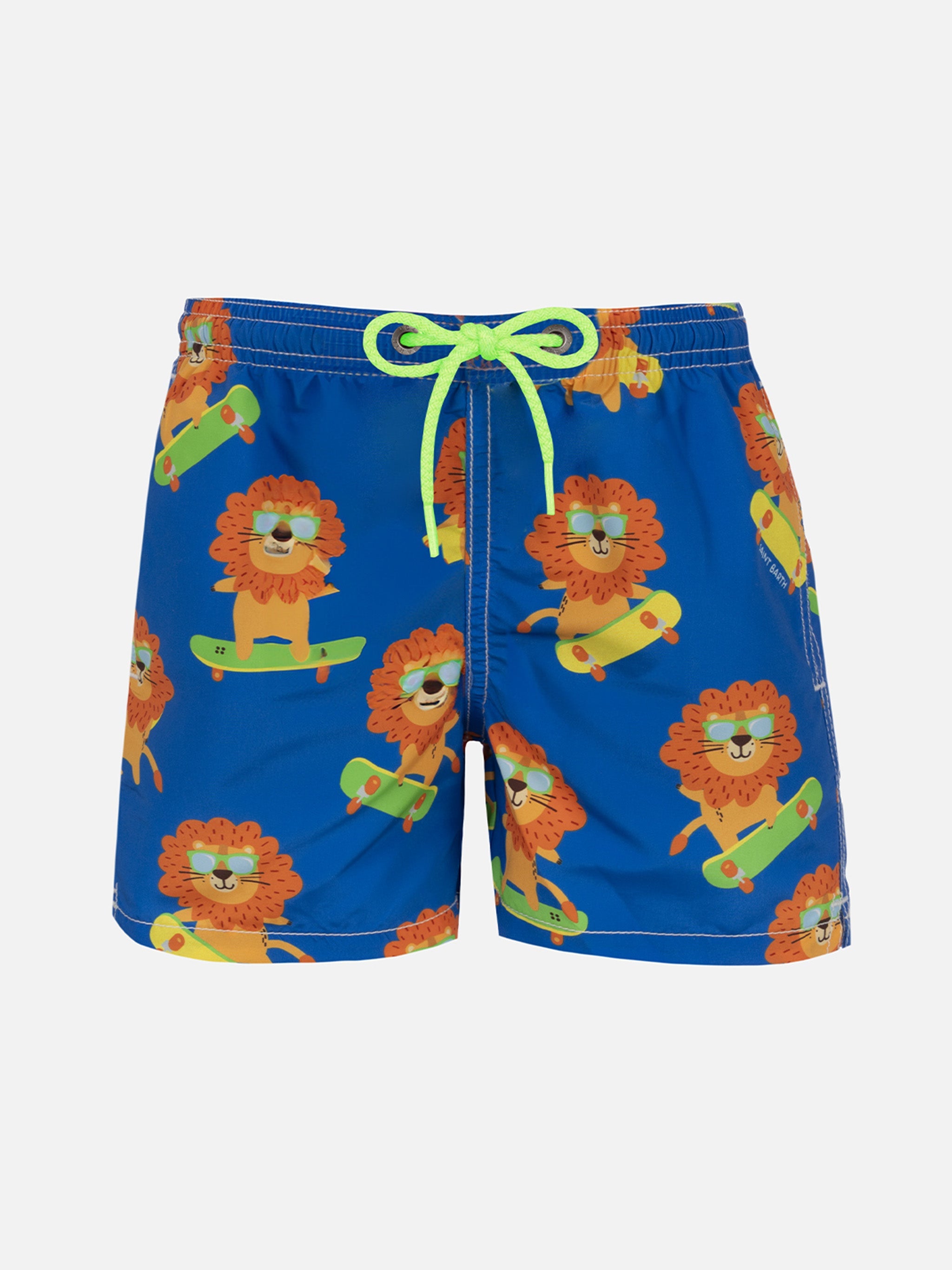 Boy Mid-Length Jean Swim-Shorts With Skating Leo Print Blue Swimshort