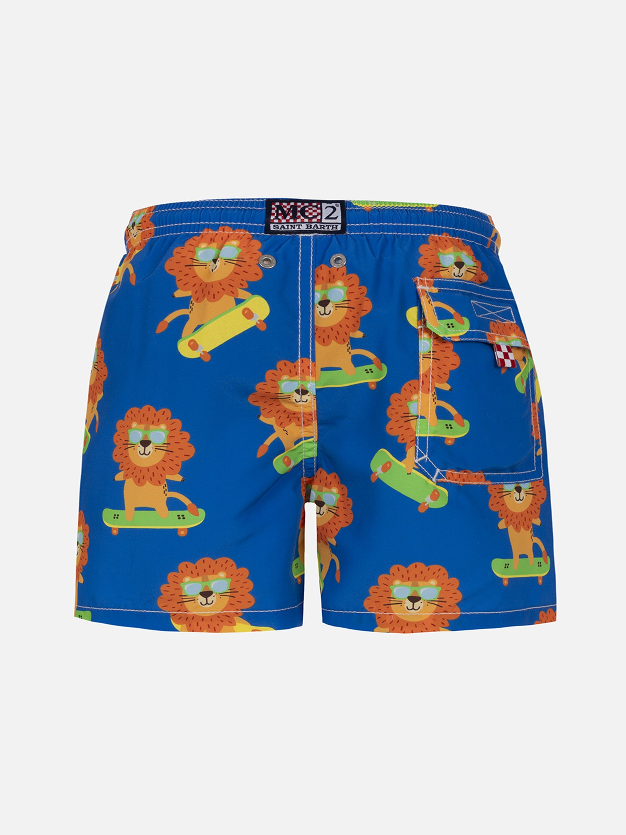 Boy Mid-Length Jean Swim-Shorts With Skating Leo Print Blue Swimshort