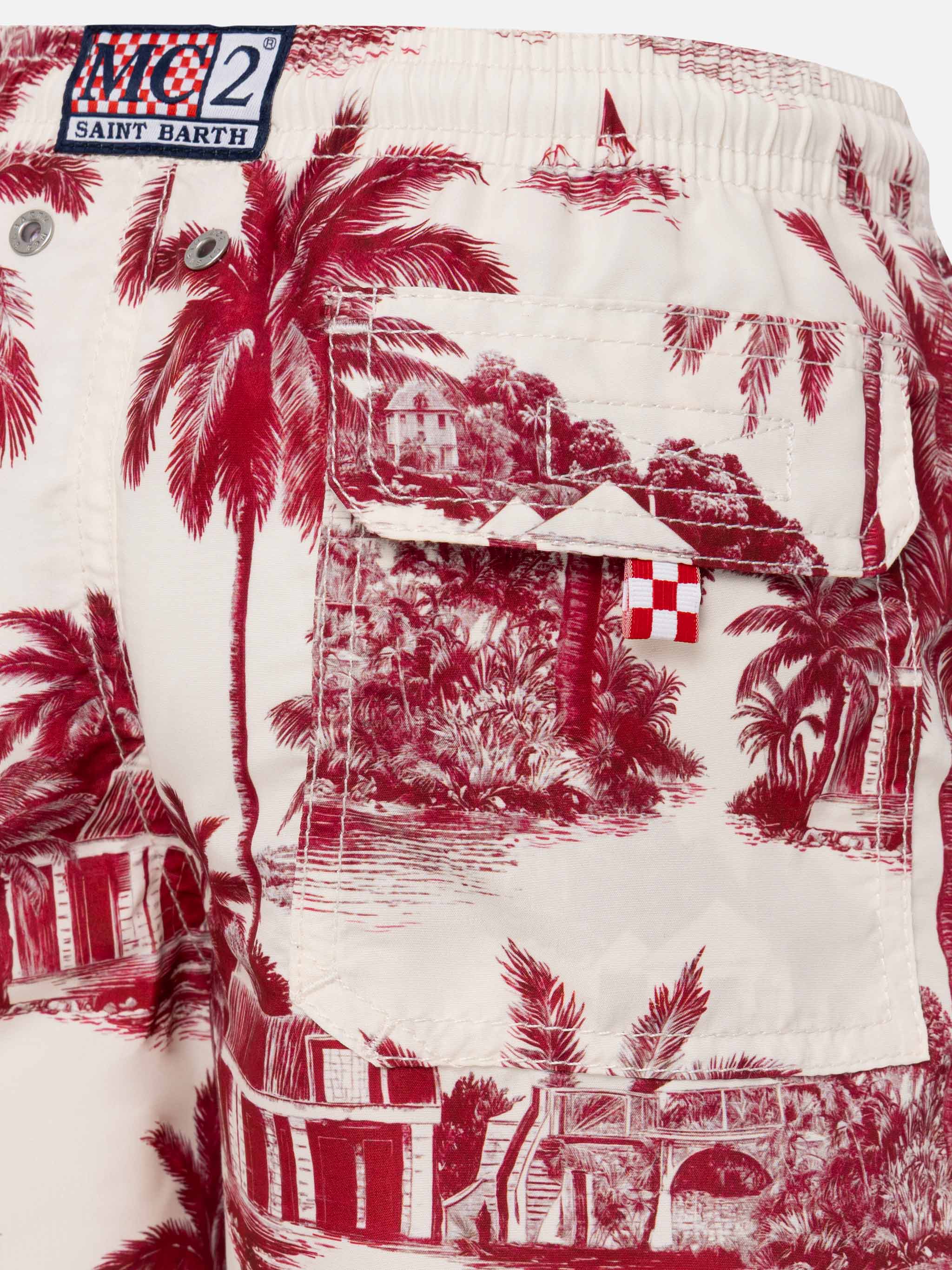 Jean Mid-Length Swim Shorts With Toile De Jouy Print | Ai Co-Created Design By Rickdick - Powered Red-Eye White Swimshort