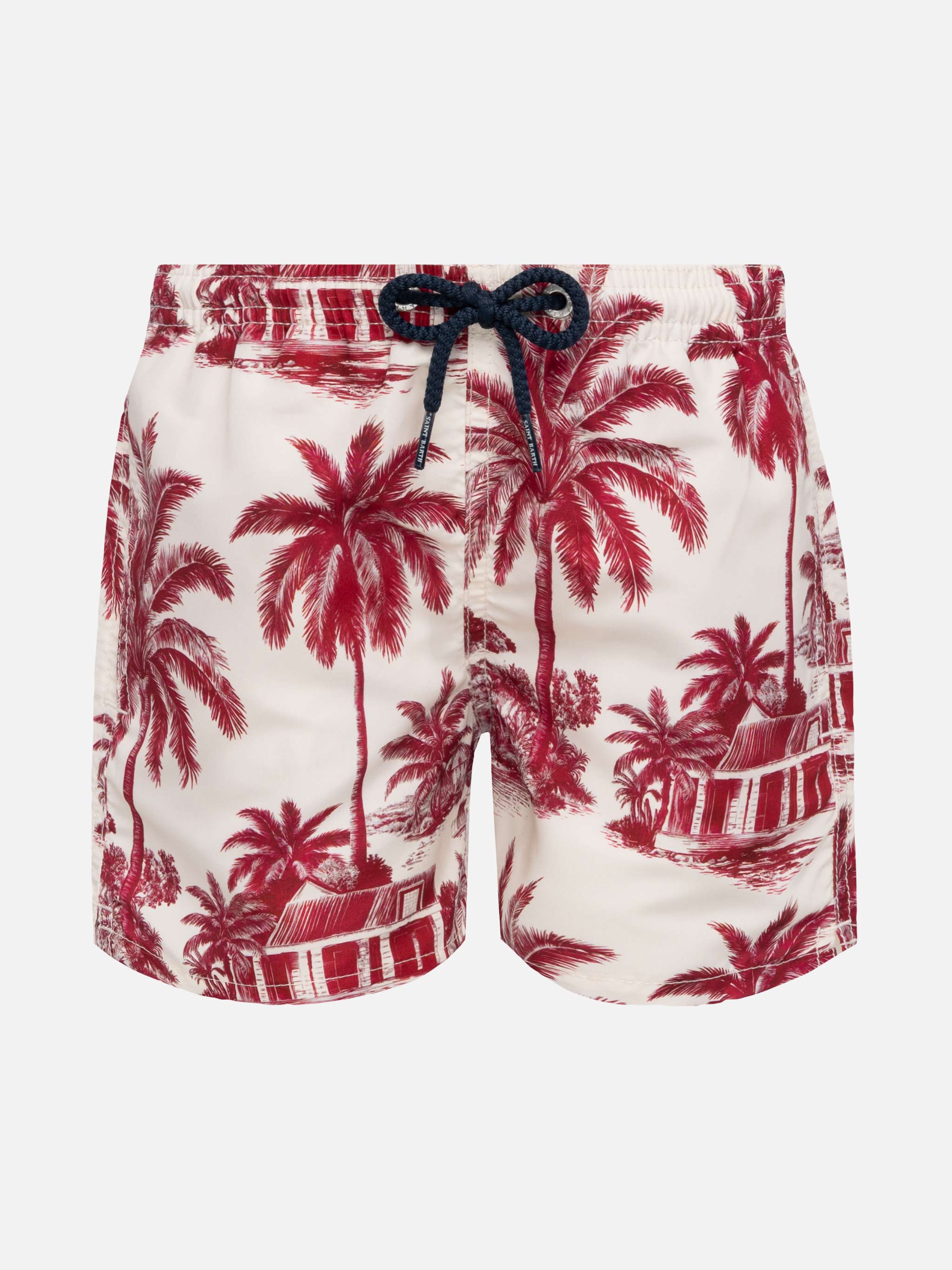 Jean Mid-Length Swim Shorts With Toile De Jouy Print | Ai Co-Created Design By Rickdick - Powered Red-Eye White Swimshort