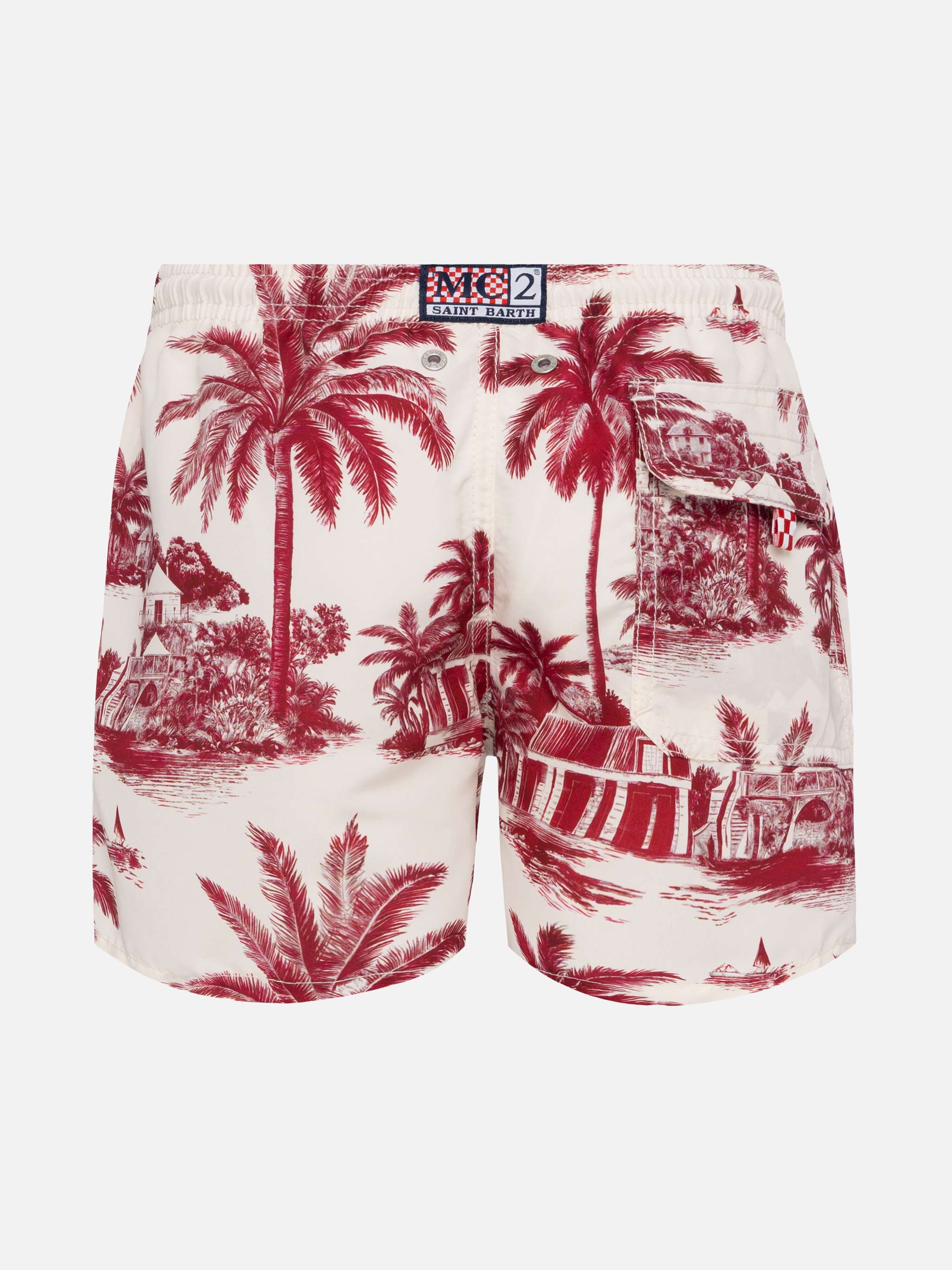 Jean Mid-Length Swim Shorts With Toile De Jouy Print | Ai Co-Created Design By Rickdick - Powered Red-Eye White Swimshort