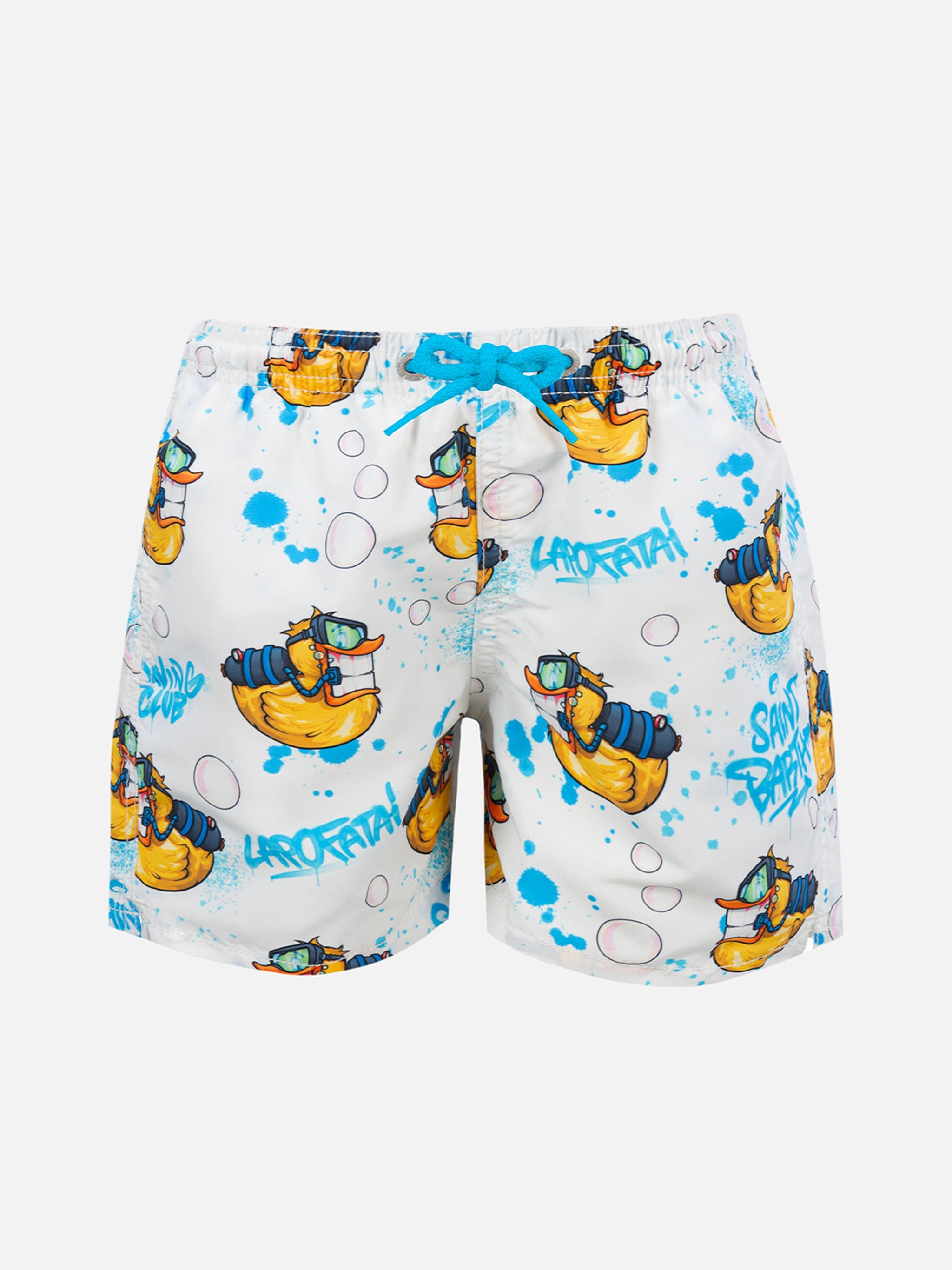 Boy Mid-Length Jean Swim-Shorts With Crypto Ducky Print | Cryptopuppets Special Edition White Swimshort