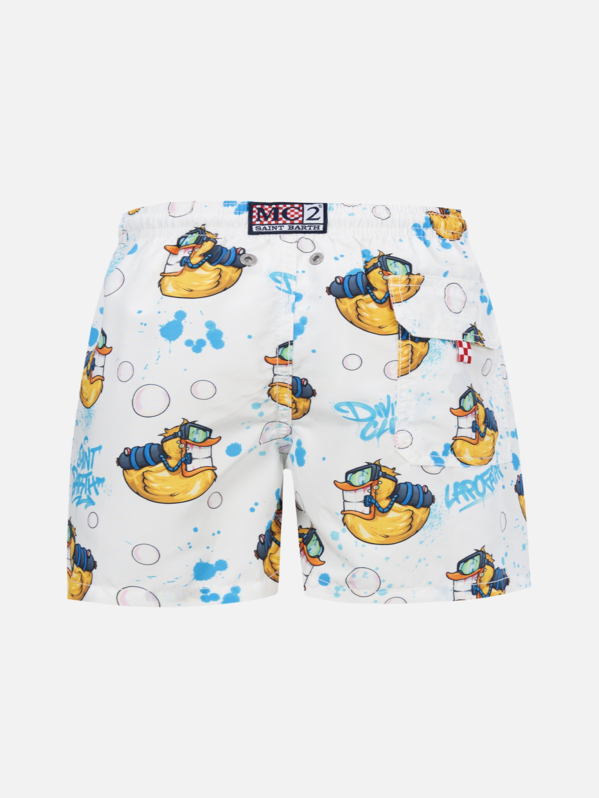 Boy Mid-Length Jean Swim-Shorts With Crypto Ducky Print | Cryptopuppets Special Edition White Swimshort