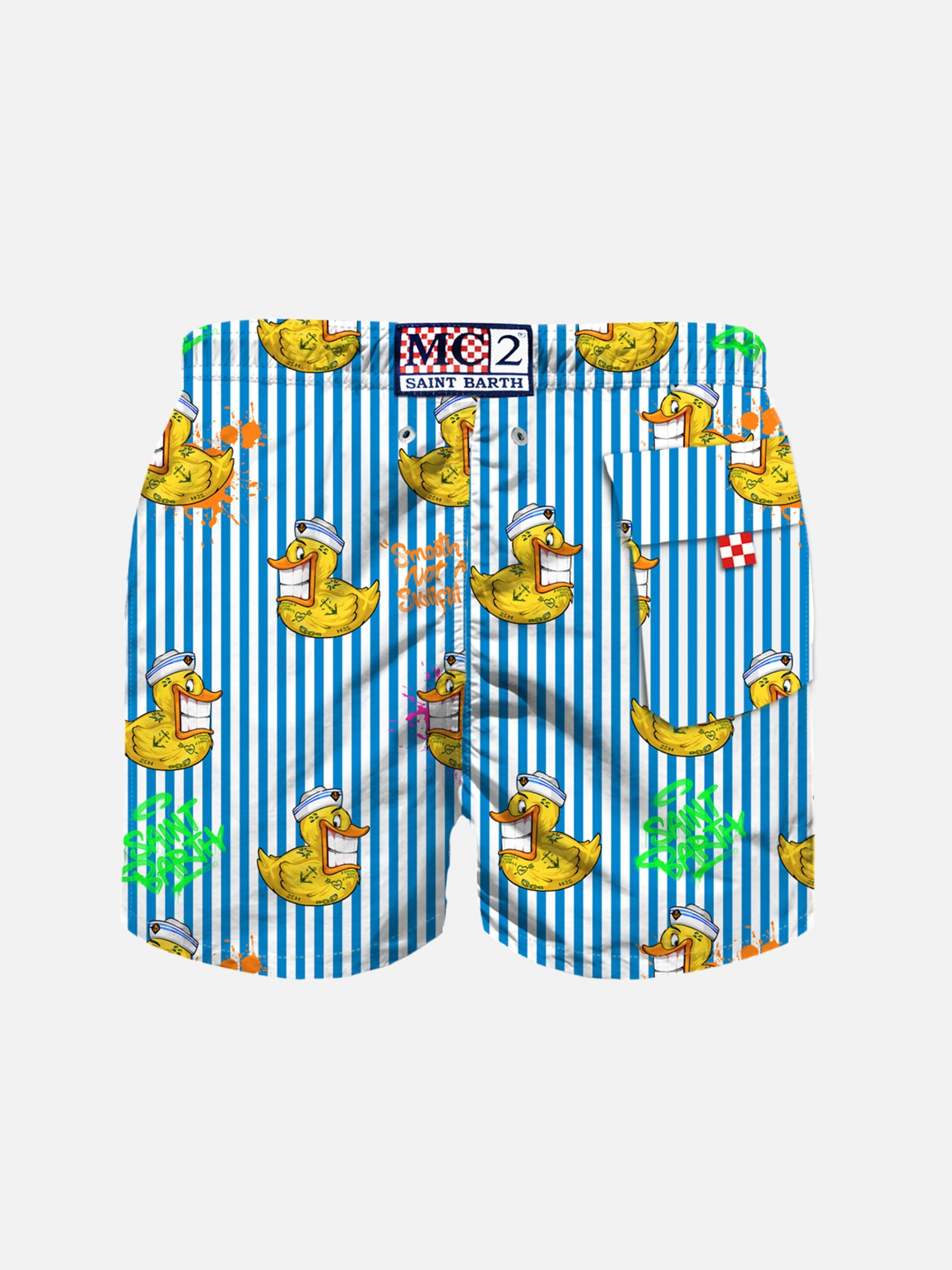 Boy Swim Shorts With Crypto Ducky Print | Puppets Special Edition White Swimshort