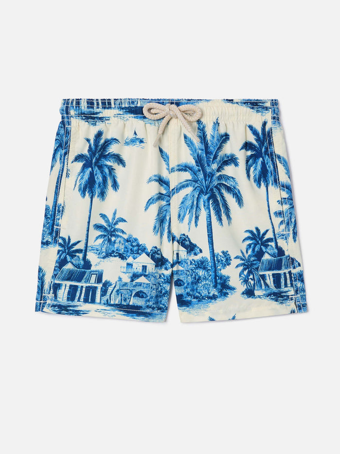 Jean Swim Shorts With Toile De Jouy Blue Print Swimshort