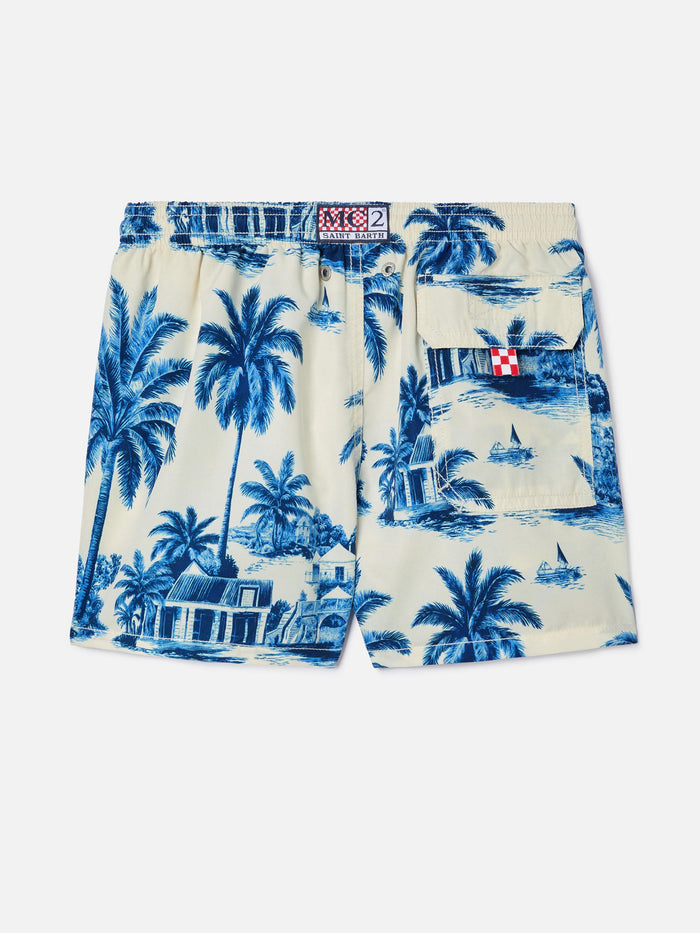 Jean Swim Shorts With Toile De Jouy Blue Print Swimshort