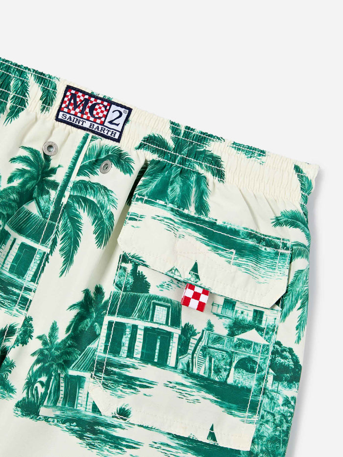 Jean Swim Shorts With Toile De Jouy Green Print White Swimshort